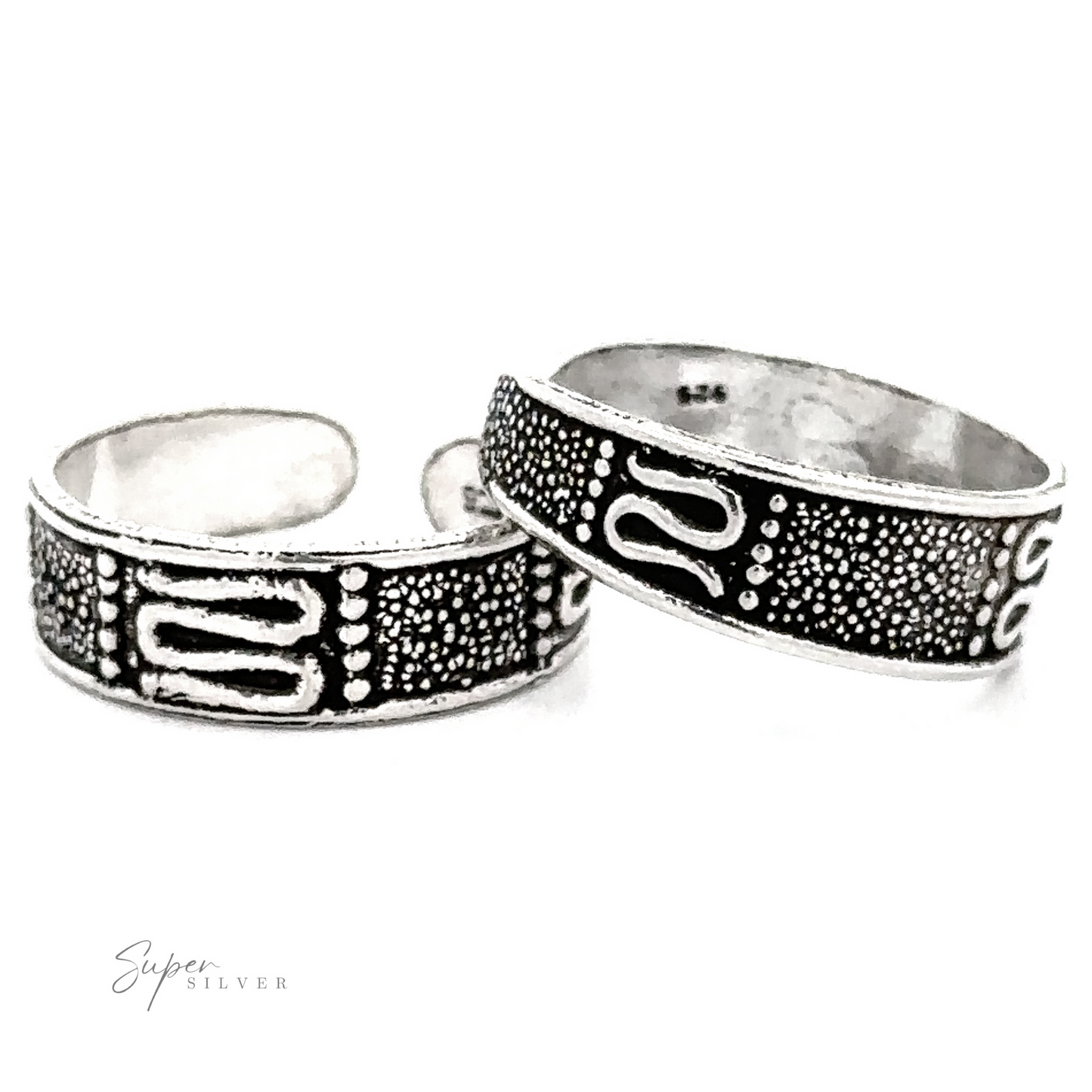 Two Bali Design Adjustable Toe Rings with intricate bead and line patterns on a white background.