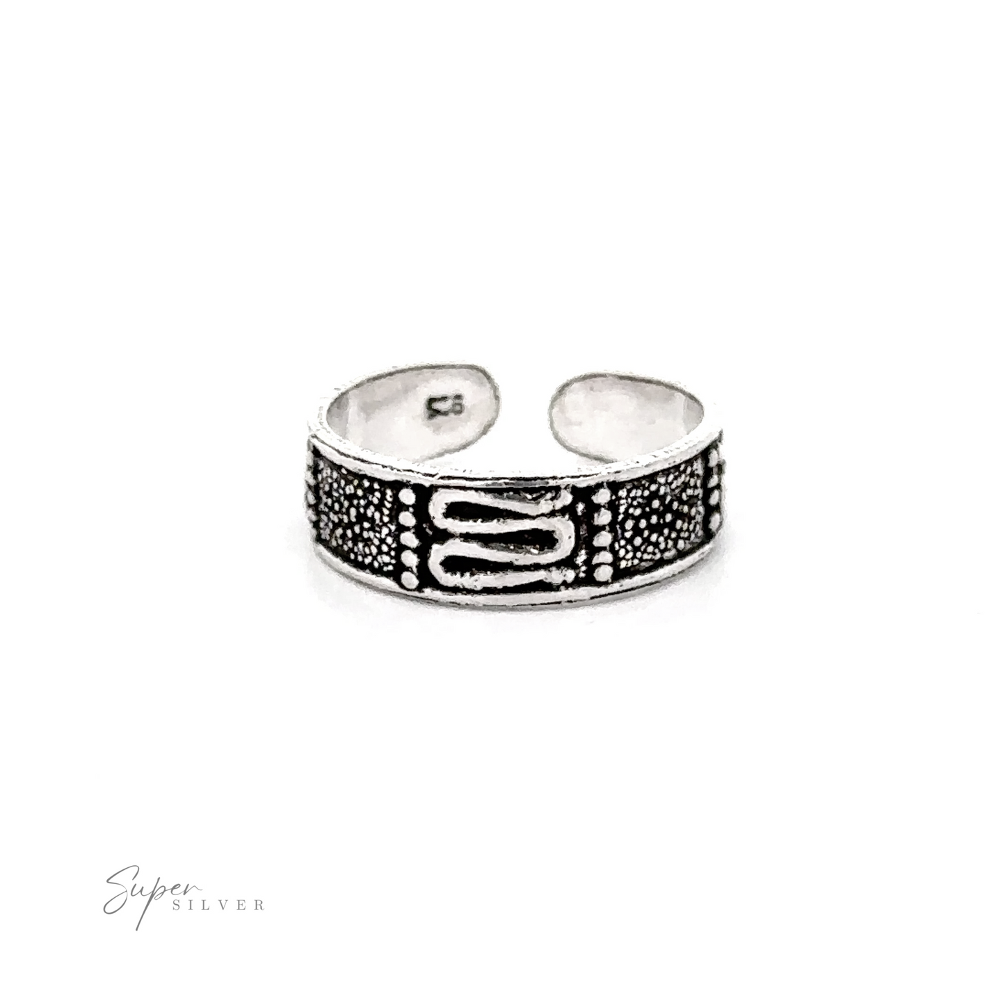 
                  
                    Bali Design adjustable toe ring with an oxidized sterling silver band and textured buckle-like design, displayed on a white background.
                  
                
