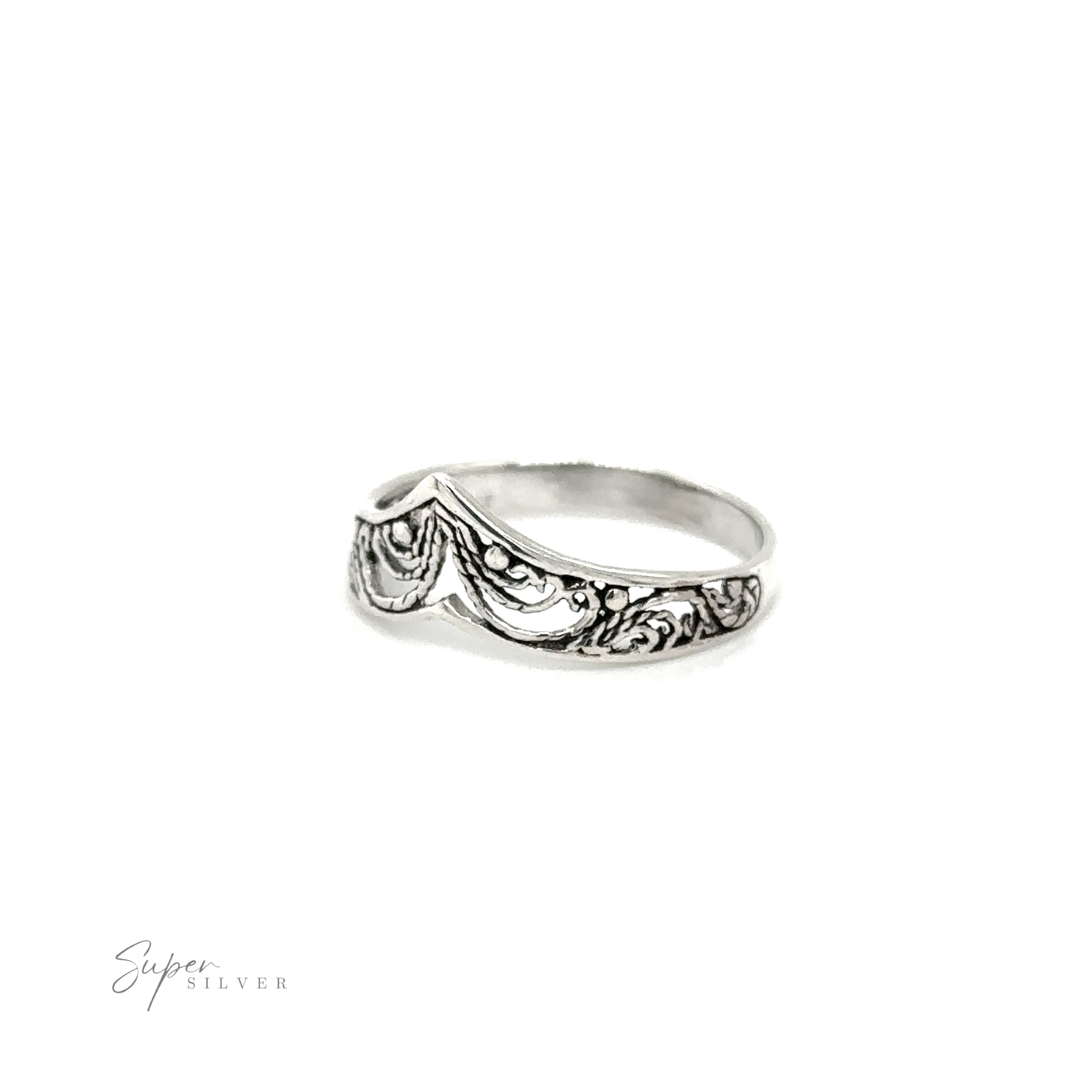 A Chevron ring with lacey filigree swirls.