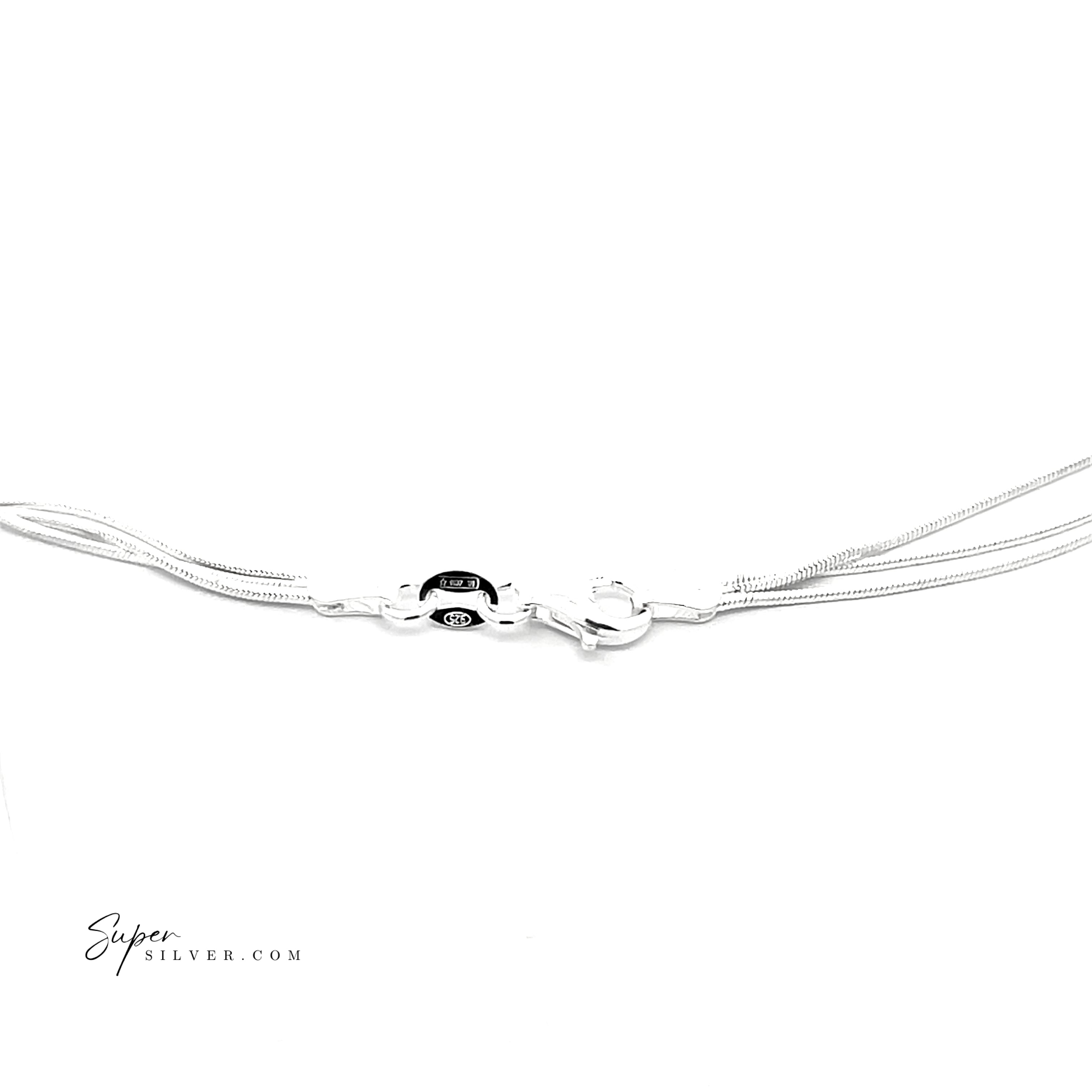 Close-up of the Silver Serenade Necklace's clasp, featuring a triple-chain design with a sleek snake chain, shown on a white background. The "SuperSilver.com" logo appears in the lower left corner.