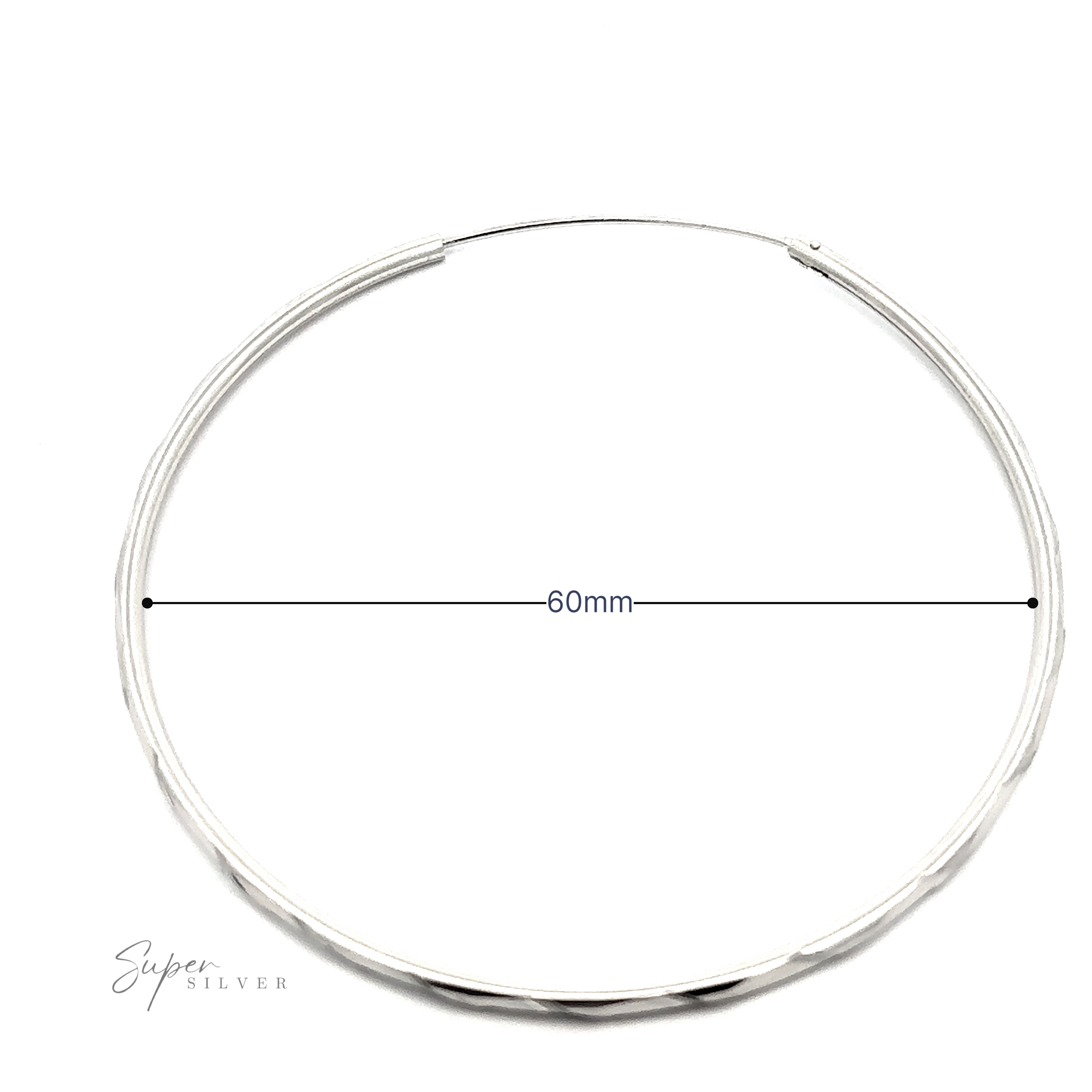 A plain rhodium-plated silver bangle bracelet with a 60mm diameter, displayed against a white background with a measurement indicator.