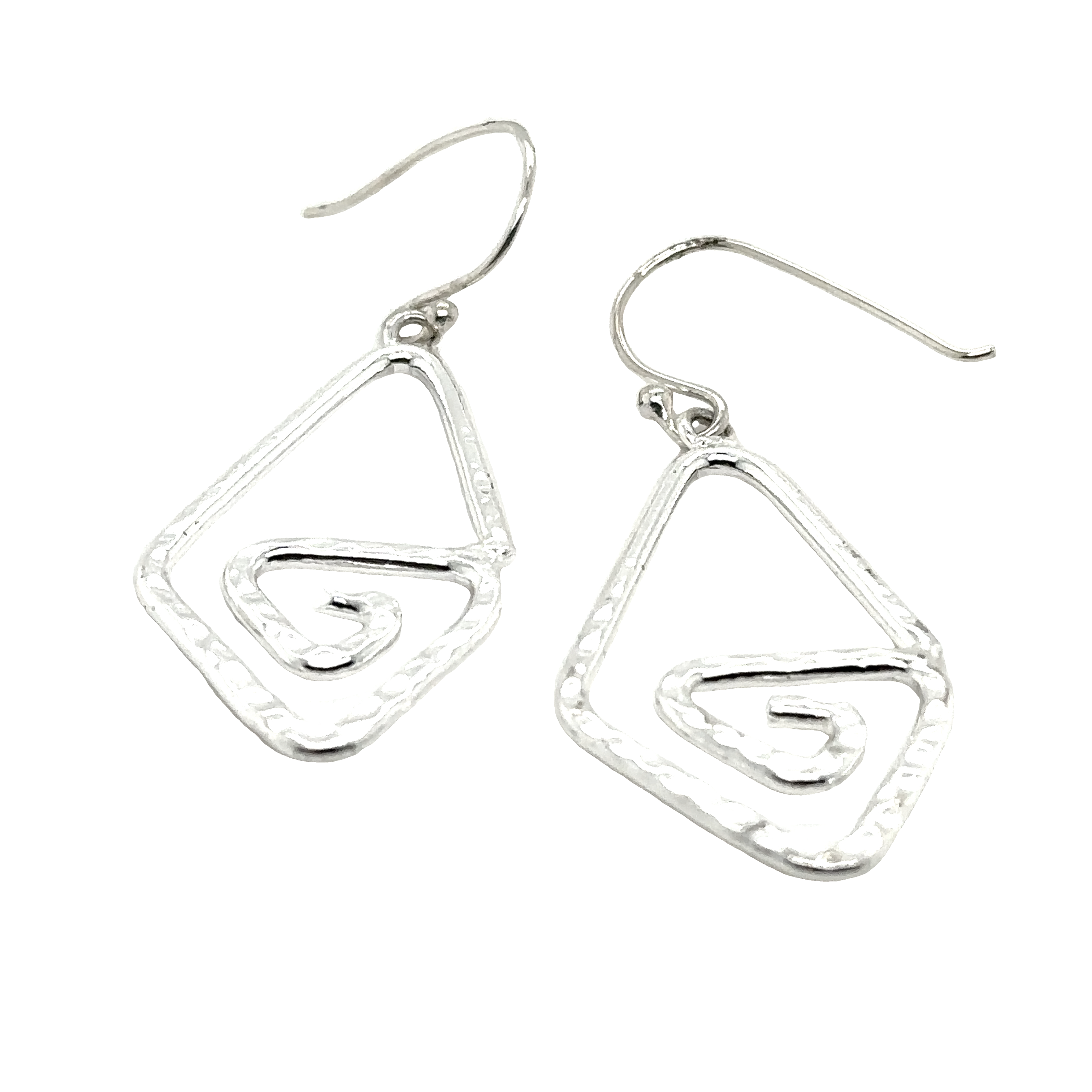 These Hammered Triangle Spiral Earrings by Super Silver feature a geometric design and are made of .925 stamped sterling silver.