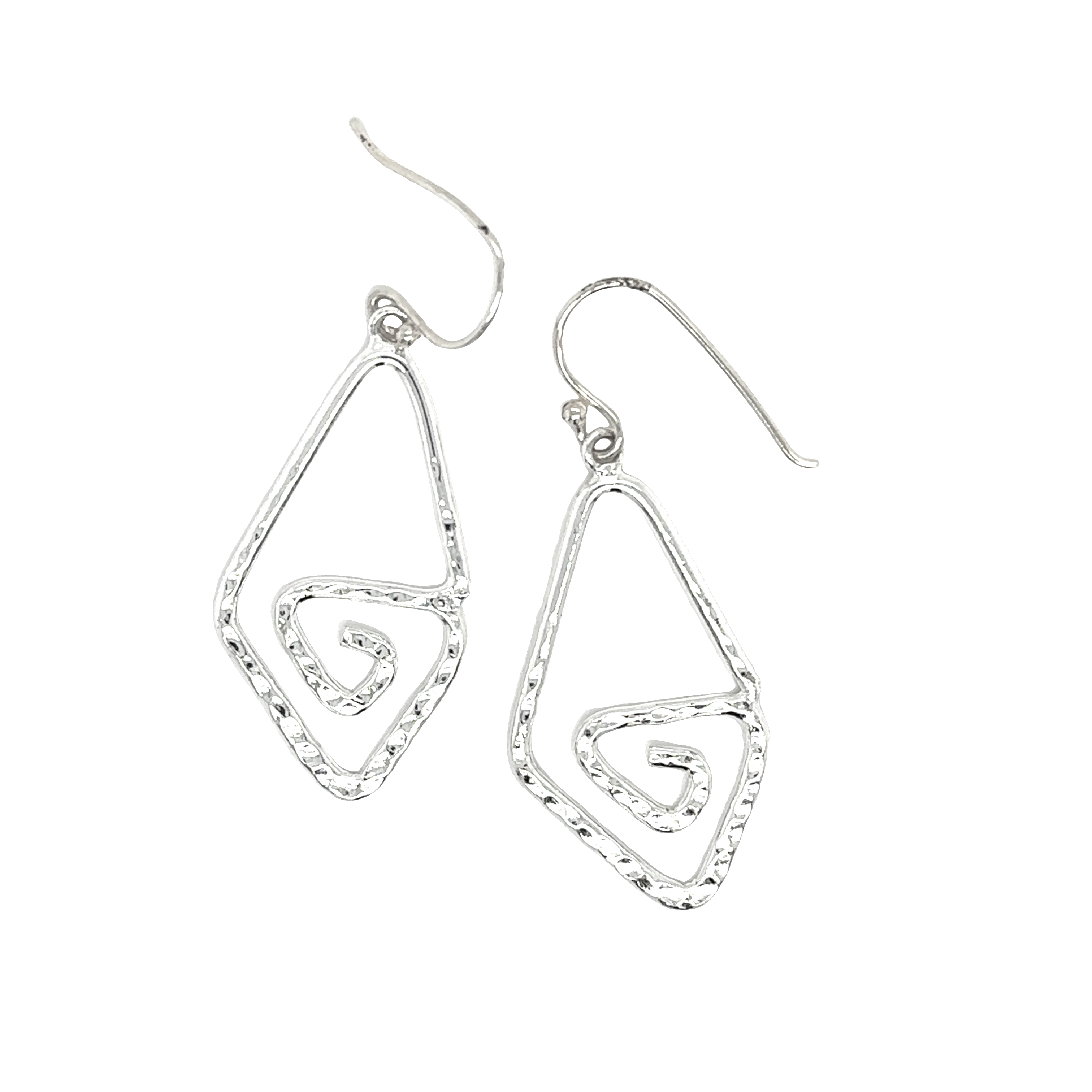 A pair of Super Silver Hammered Triangle Spiral Earrings with a geometric design.