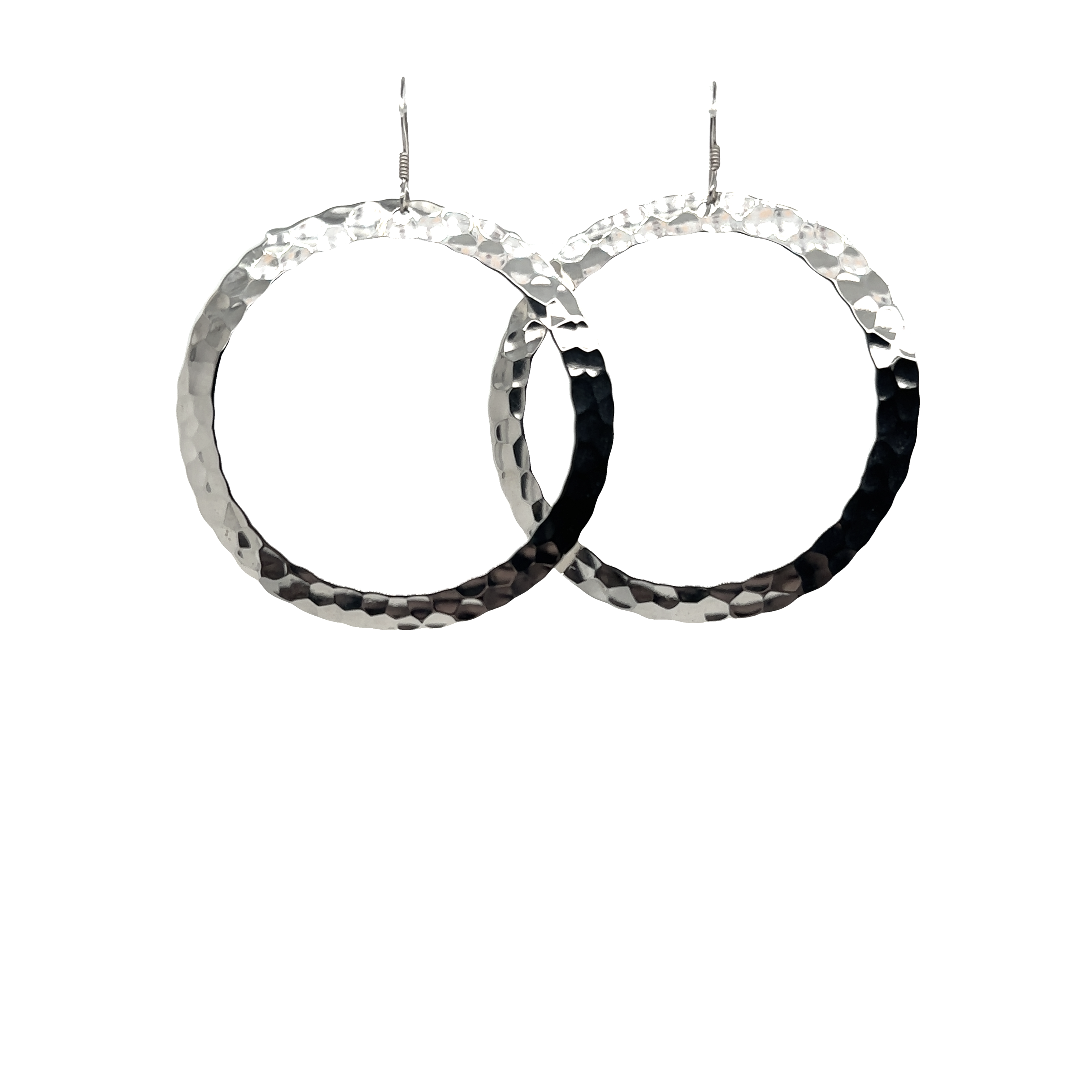 The Hammered Open Circle Earrings feature large, overlapping sterling silver circles with a bold hammered texture and striking shine, making them standout statement jewelry.