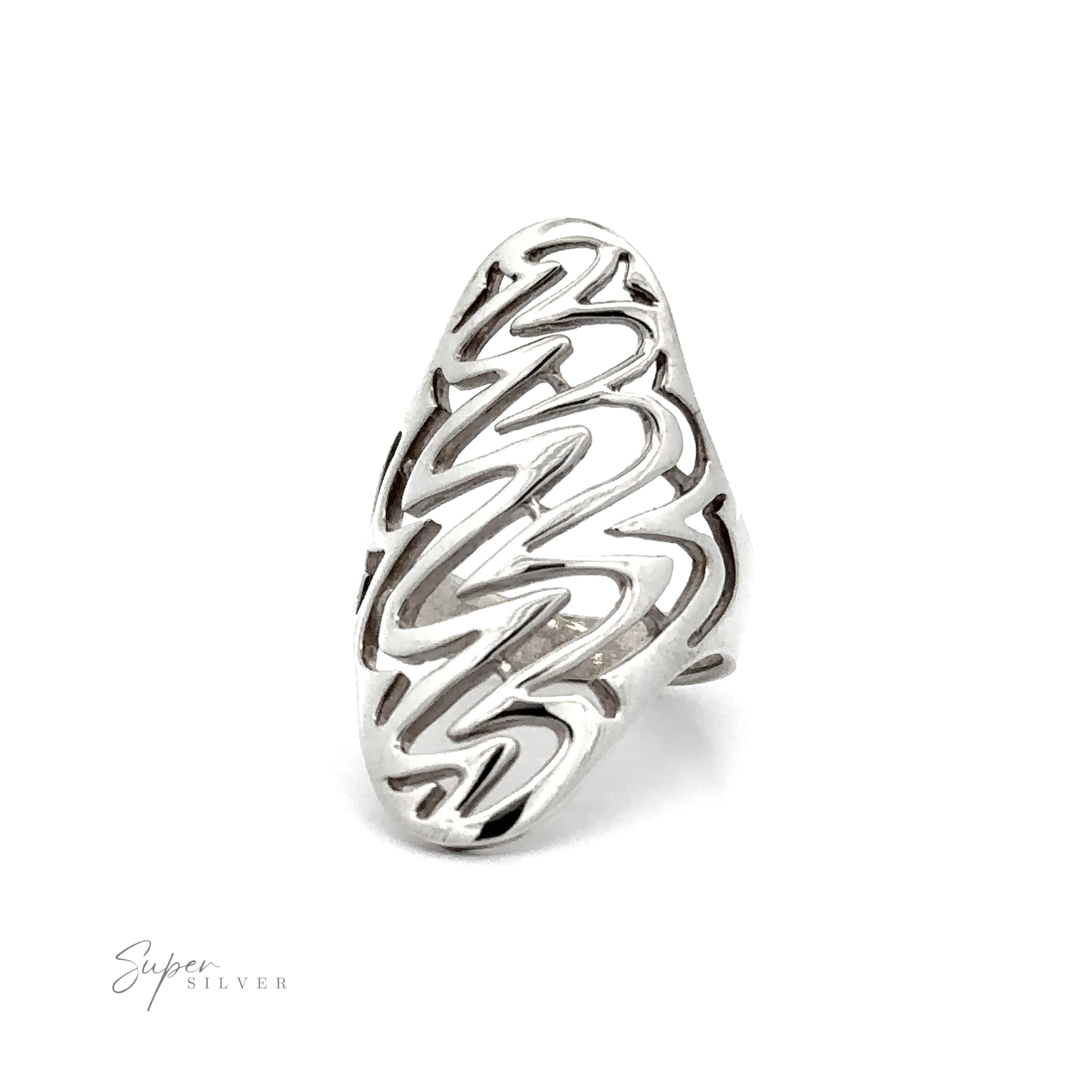 An Oval Freestyle Band Silver Ring with an intricate freestyle design.