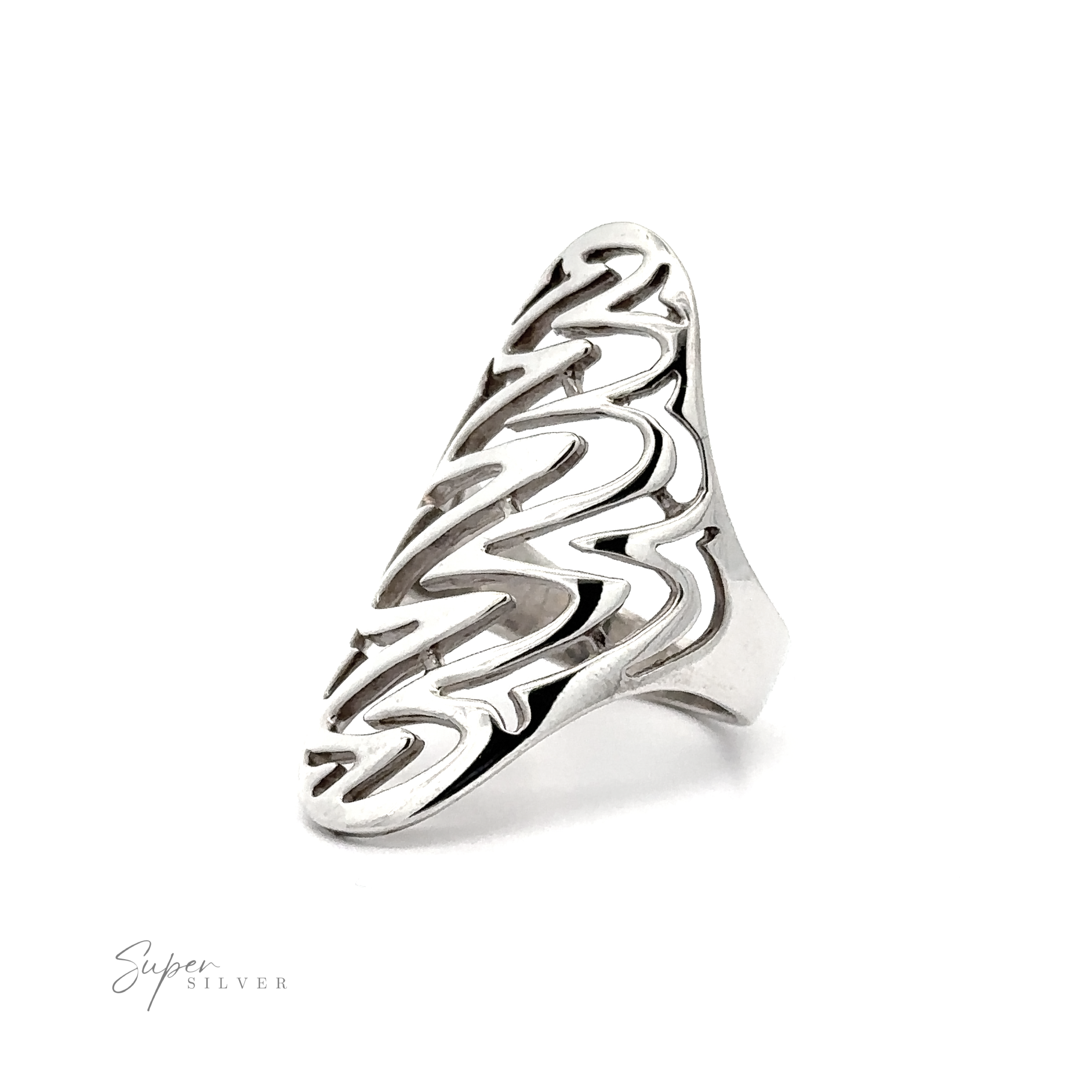 An Oval Freestyle Band Silver Ring with an intricate design.