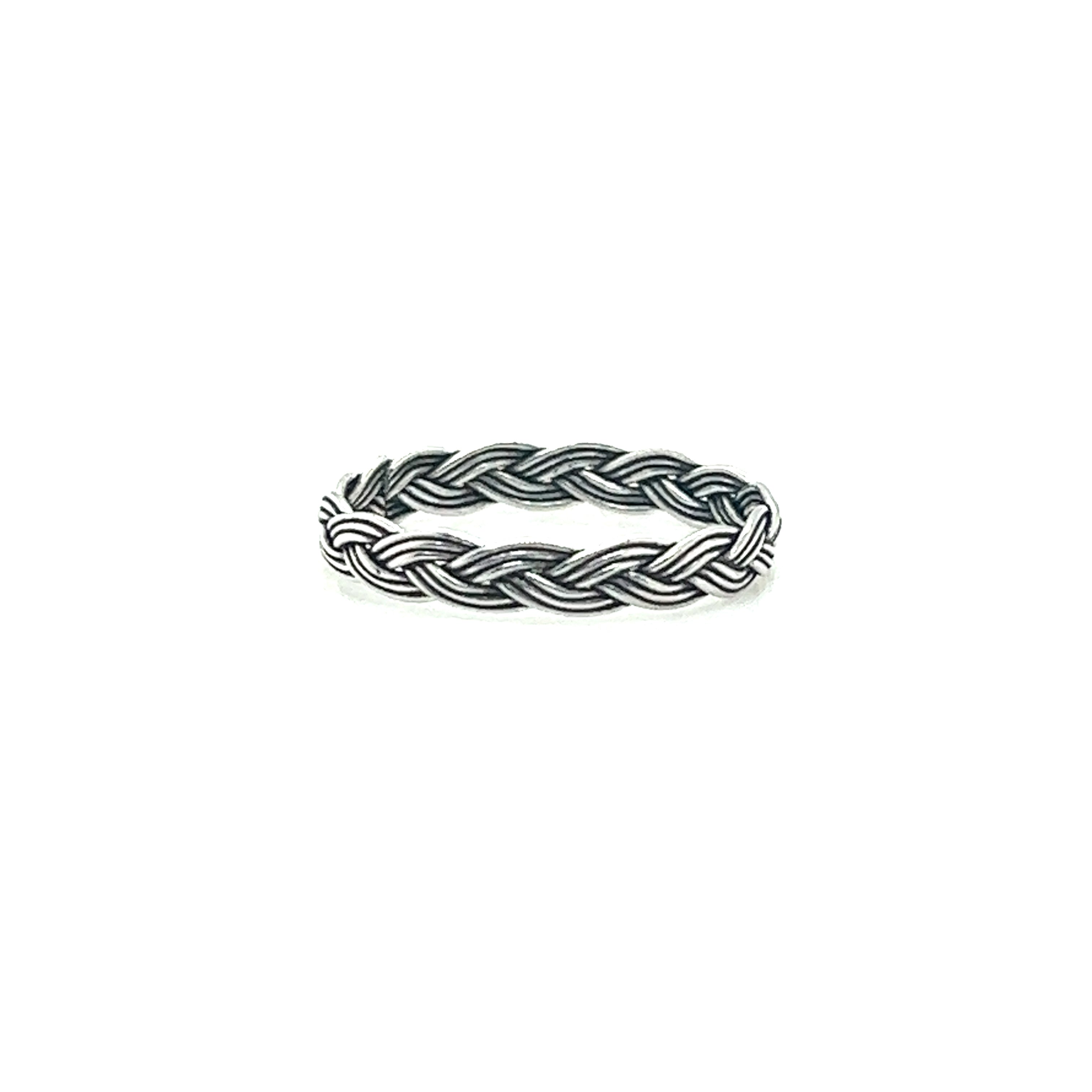 A Triple Strand Braided Bands ring with a minimalist bohemian flair on a white background. (Brand: Super Silver)