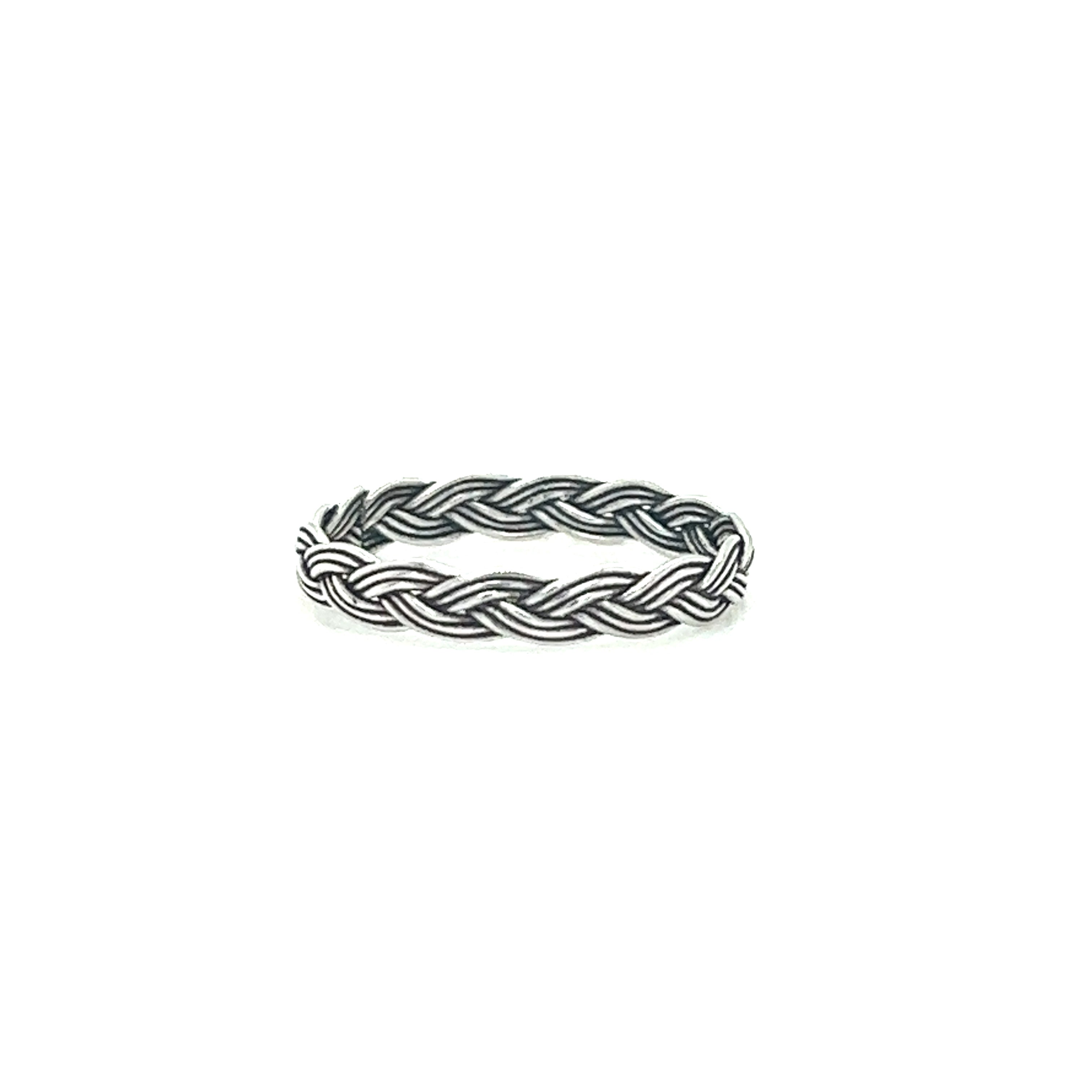 A Super Silver Triple Strand Braided Bands ring with a minimalist bohemian flair on a white background.