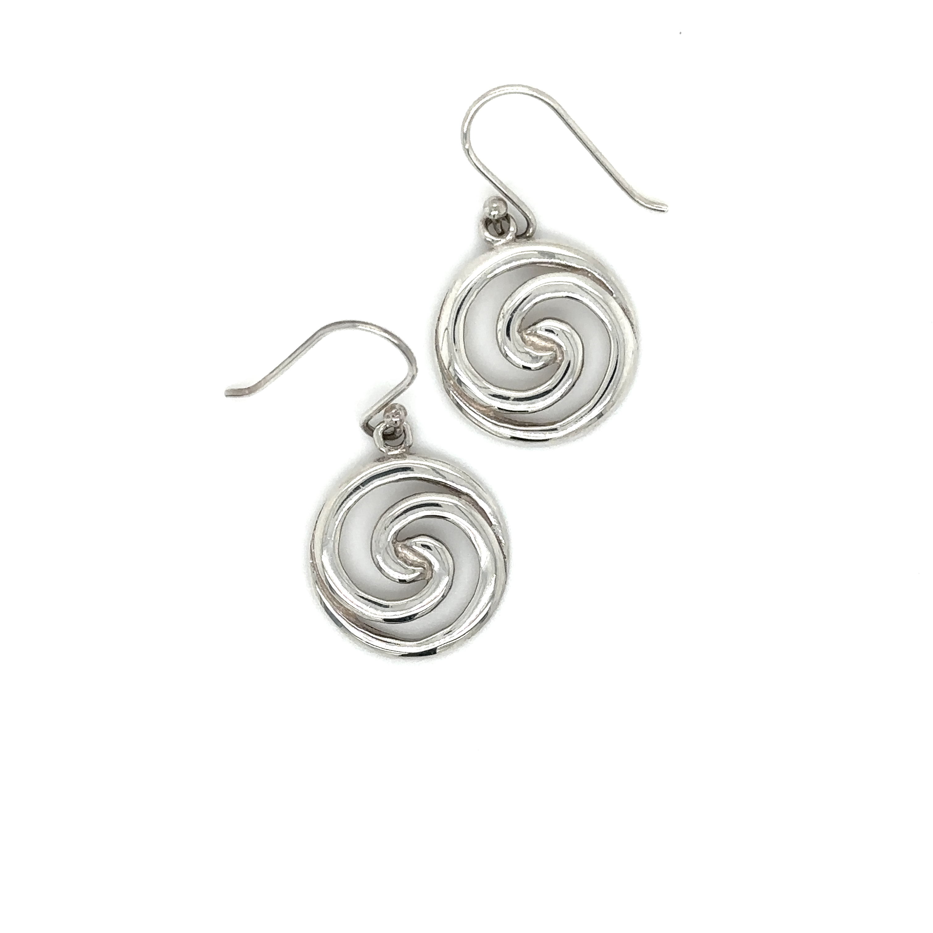 A pair of Super Silver Circular Swirl earrings on a white background.