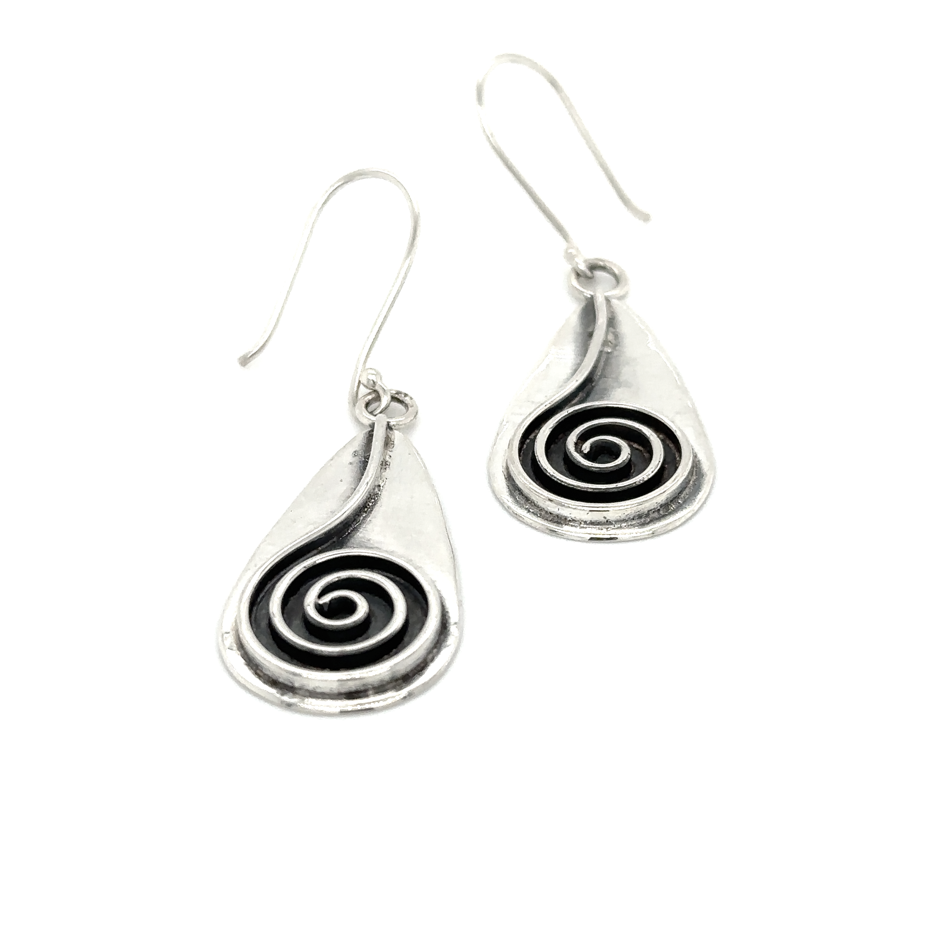 A pair of Super Silver Statement Teardrop Spiral Earrings with an ancient symbol design.