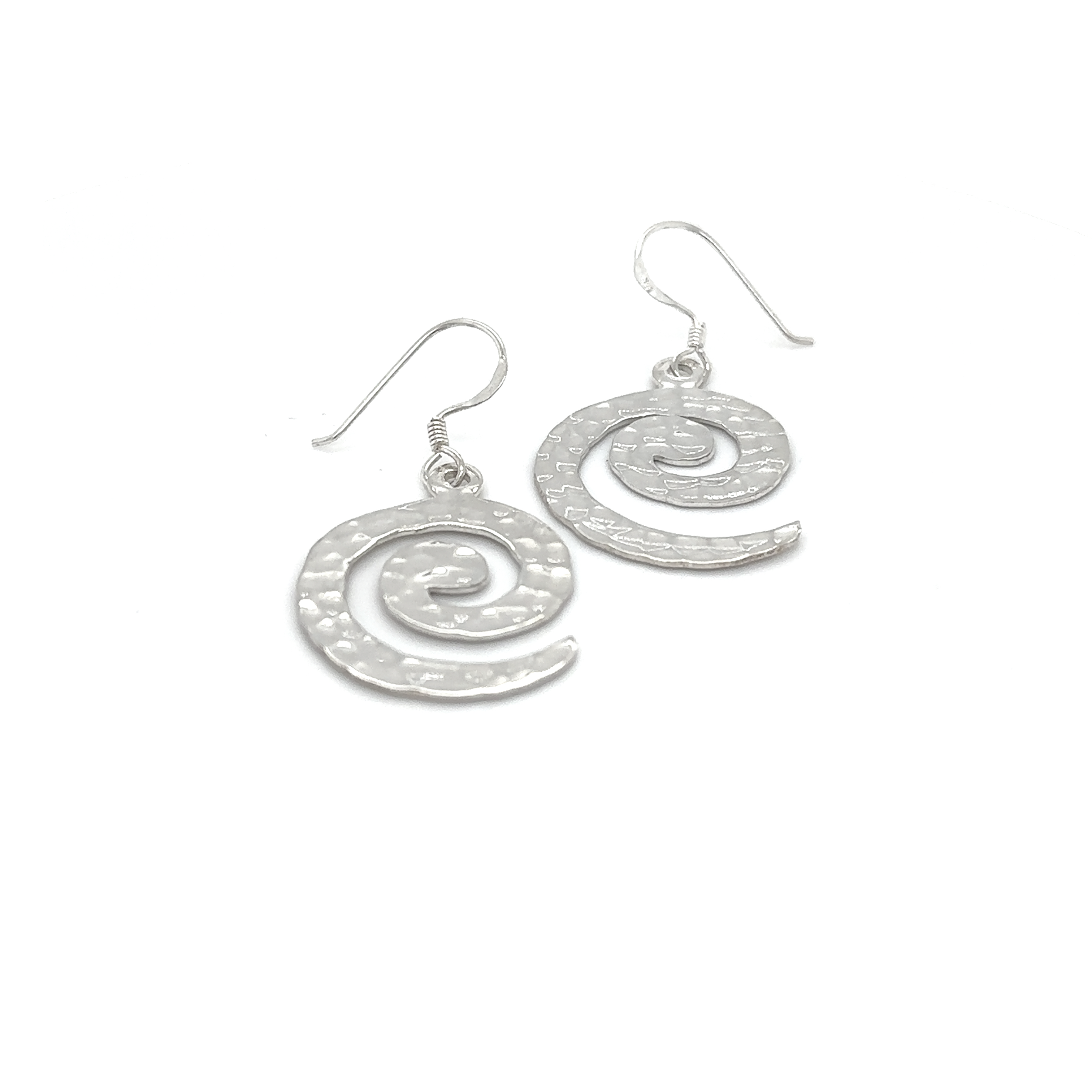 A pair of lightweight Super Silver Hammered Spiral Earrings on a white background.