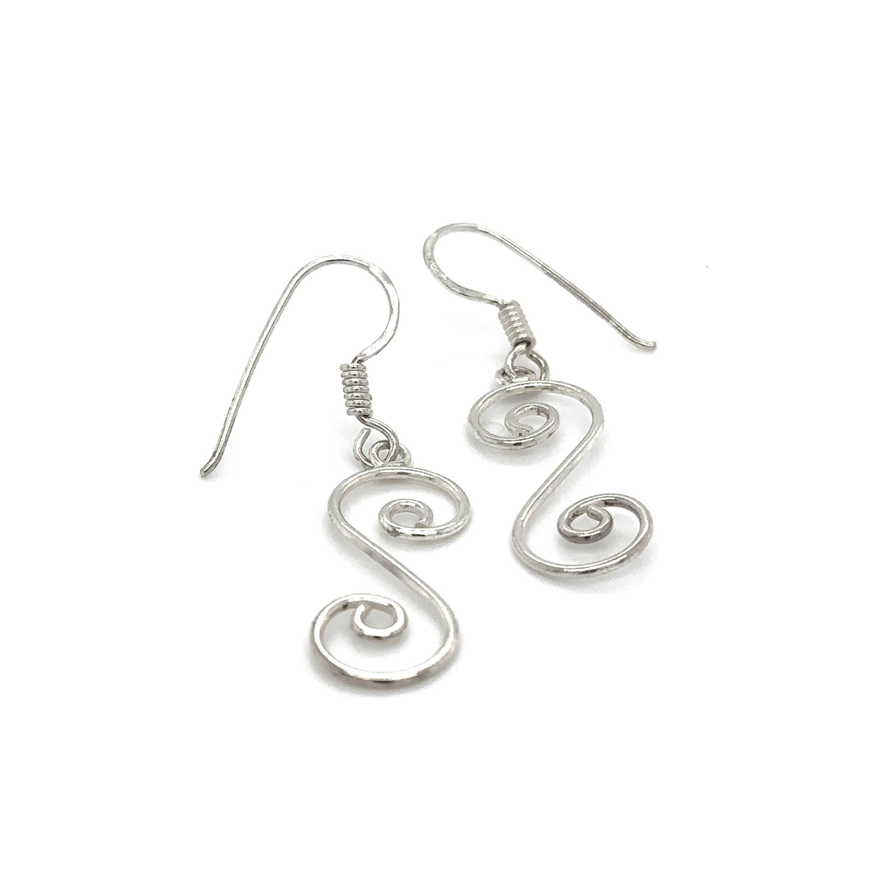 A pair of Super Silver Simple Swirl Earrings with a S shaped swirl design.