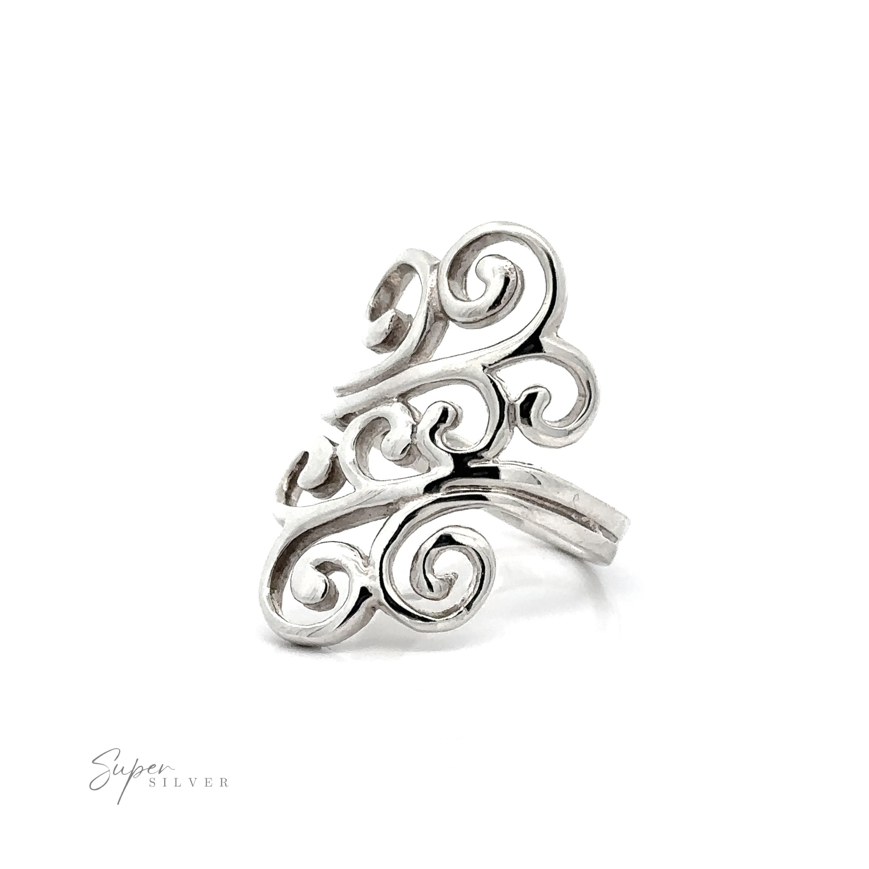 A statement Freeform Swirl ring with intricate swirl designs, crafted entirely in silver.