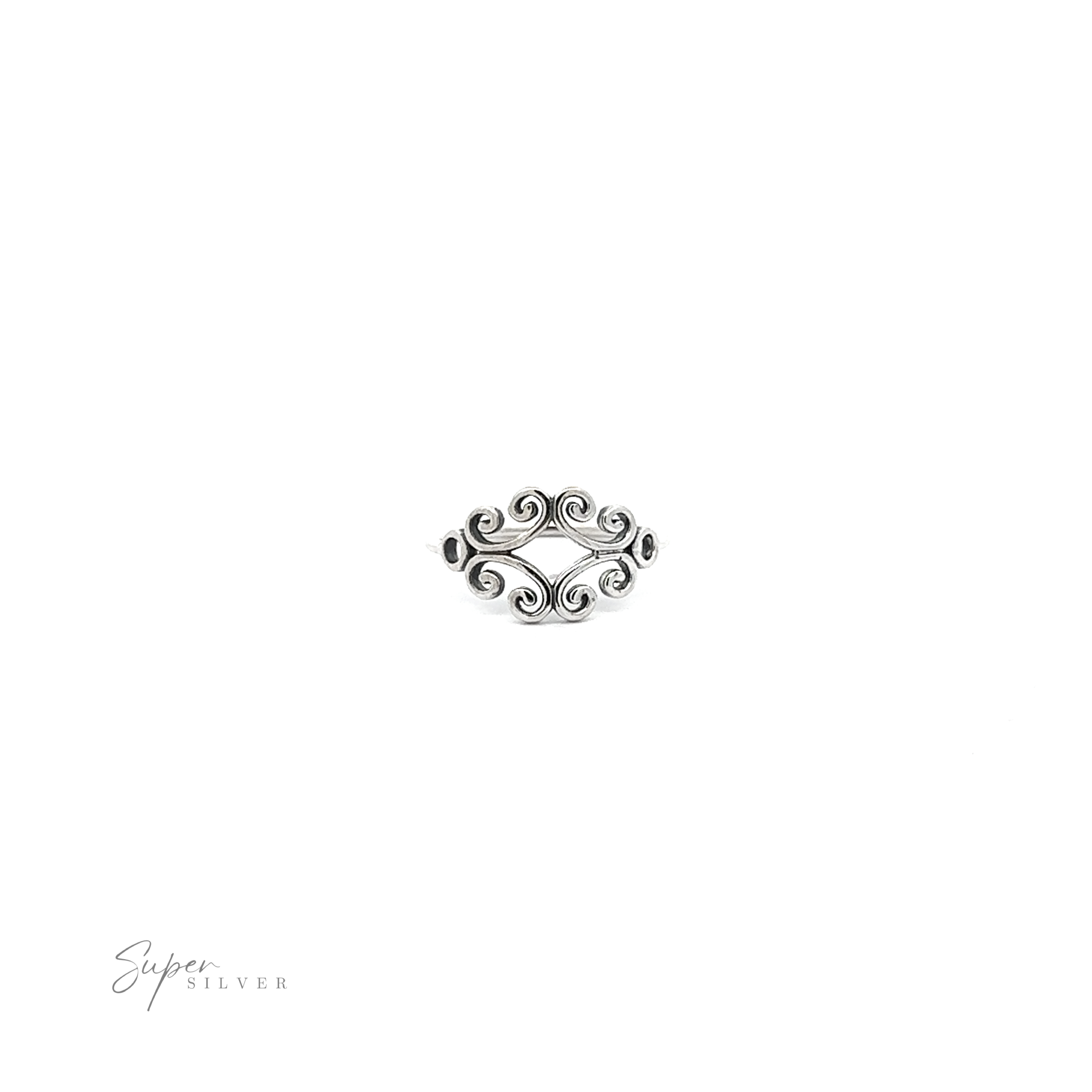 A sterling silver Filigree Ring With Spirals, featuring a diamond in the middle.