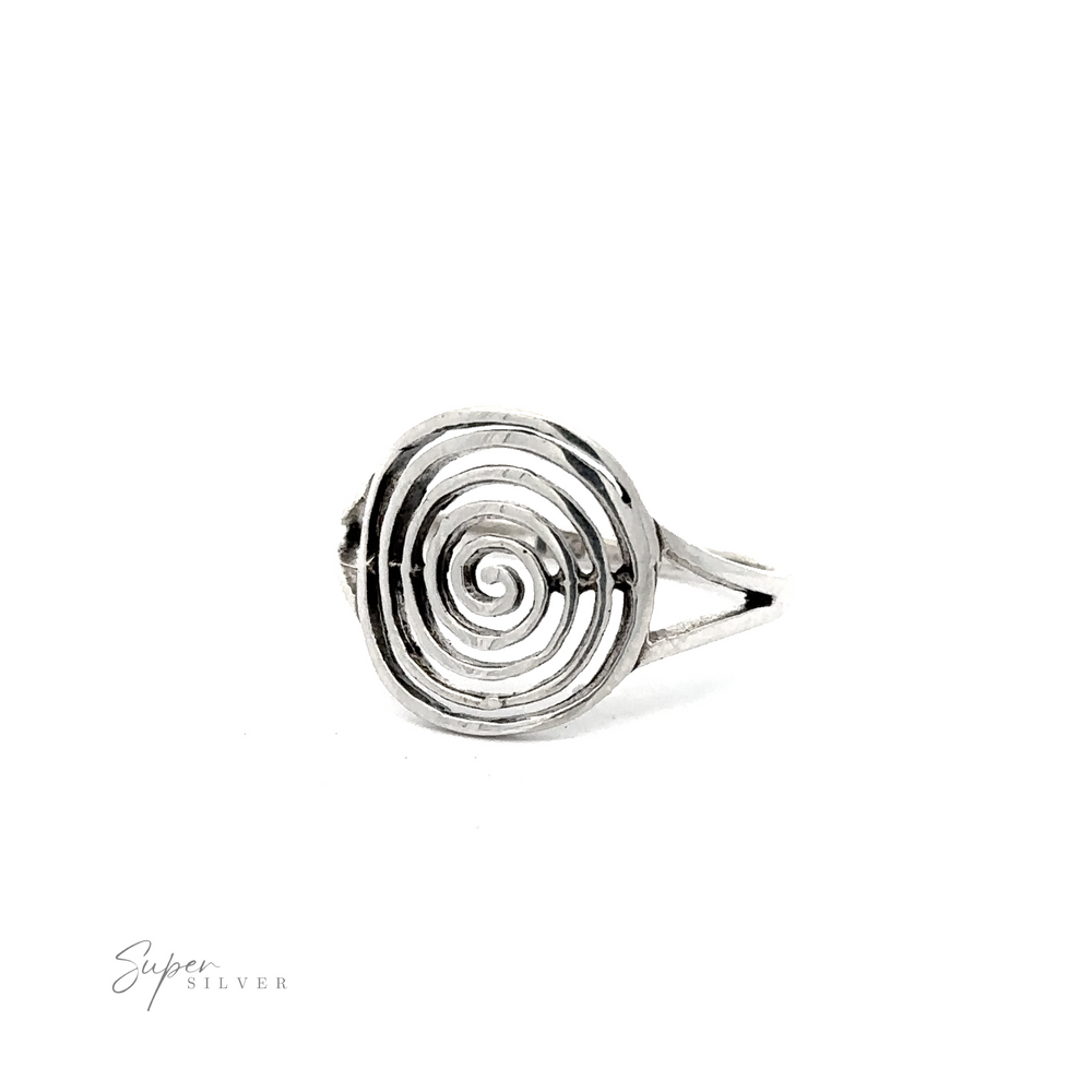 An oxidized spiral ring with a spiral design.