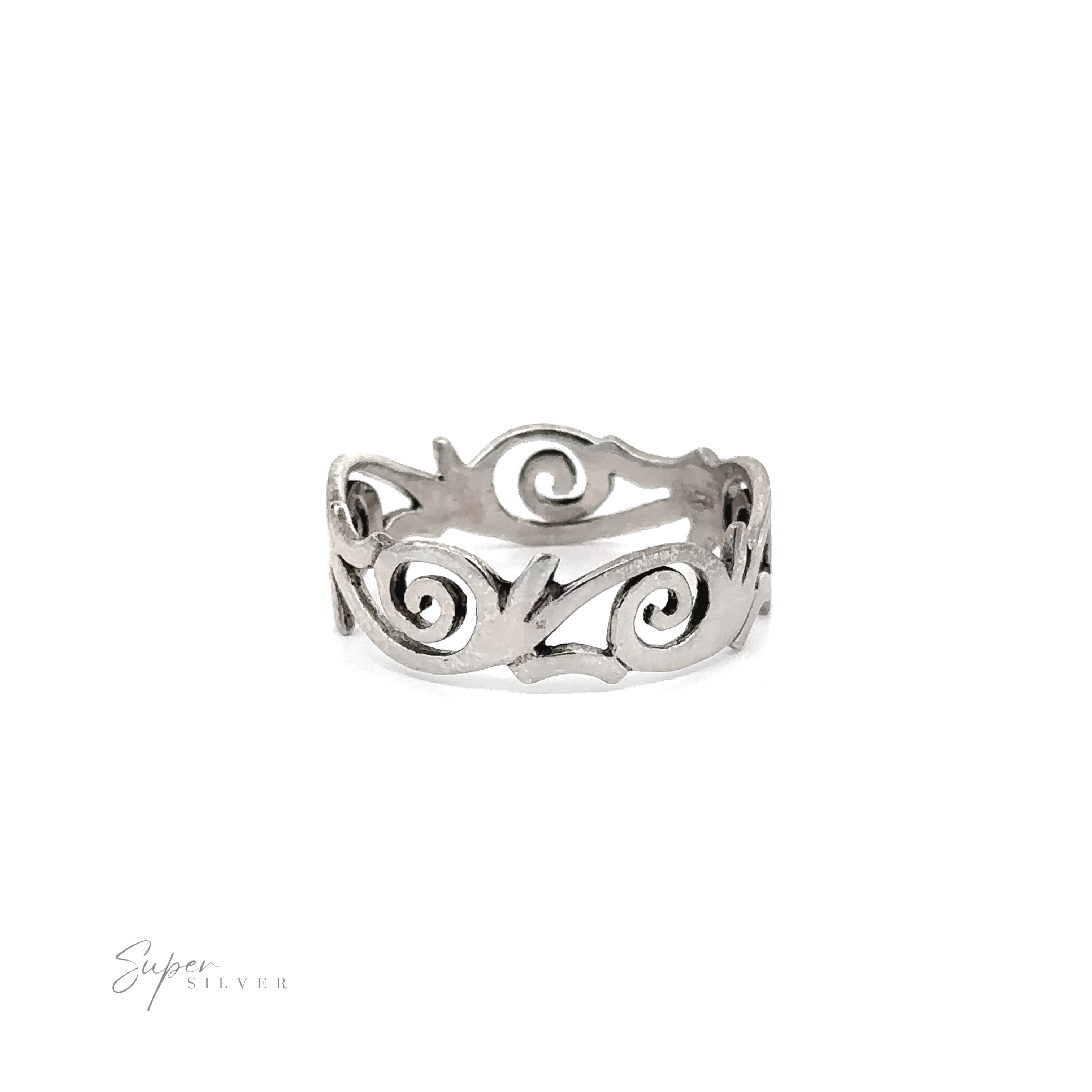 Introducing the Sterling Silver Spiral Swirl Band Ring, a beautifully crafted piece with an intricate freestyle swirl design set against a white background.