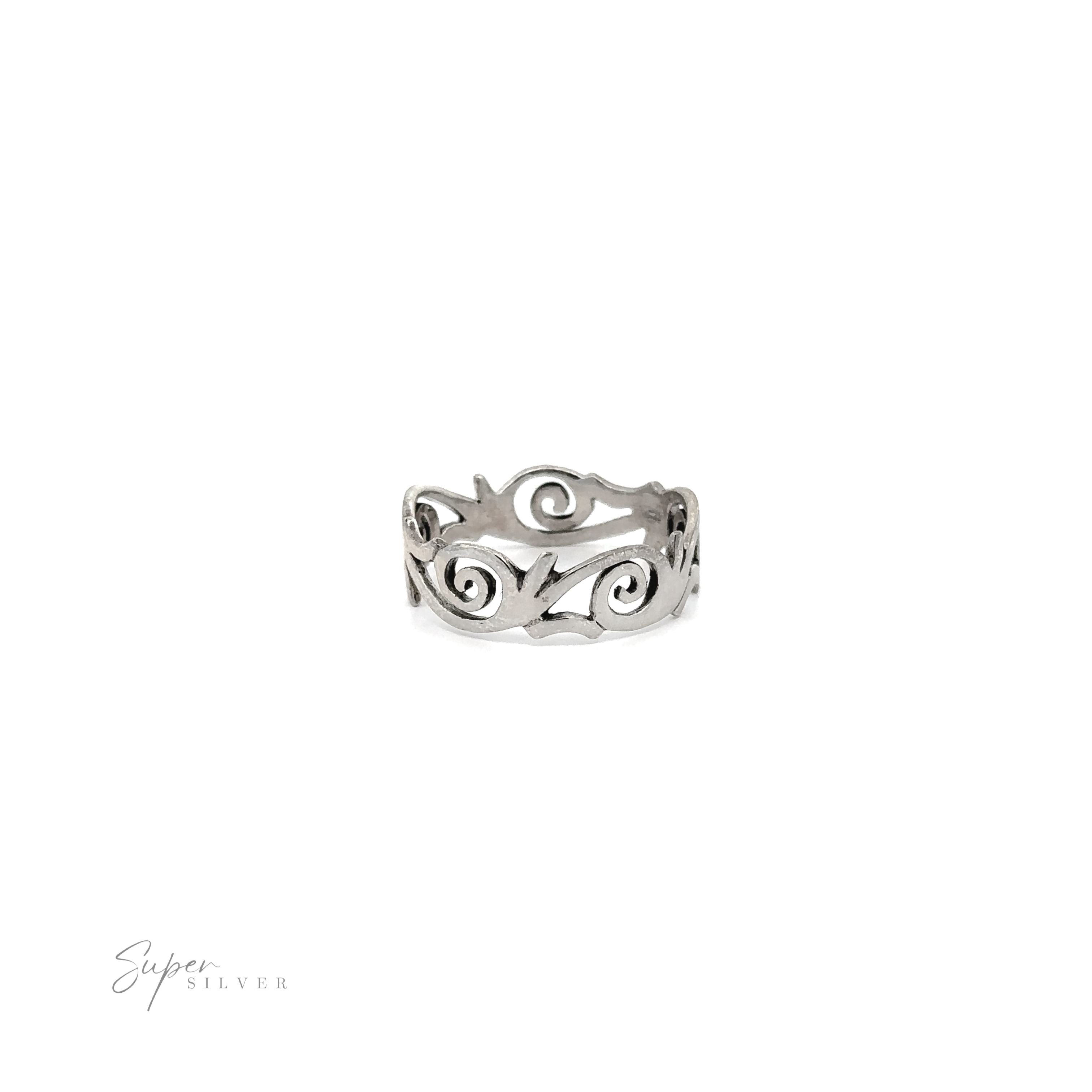 Sterling Silver Spiral Swirl Band Ring featuring an intricate freestyle swirl design on a white background.