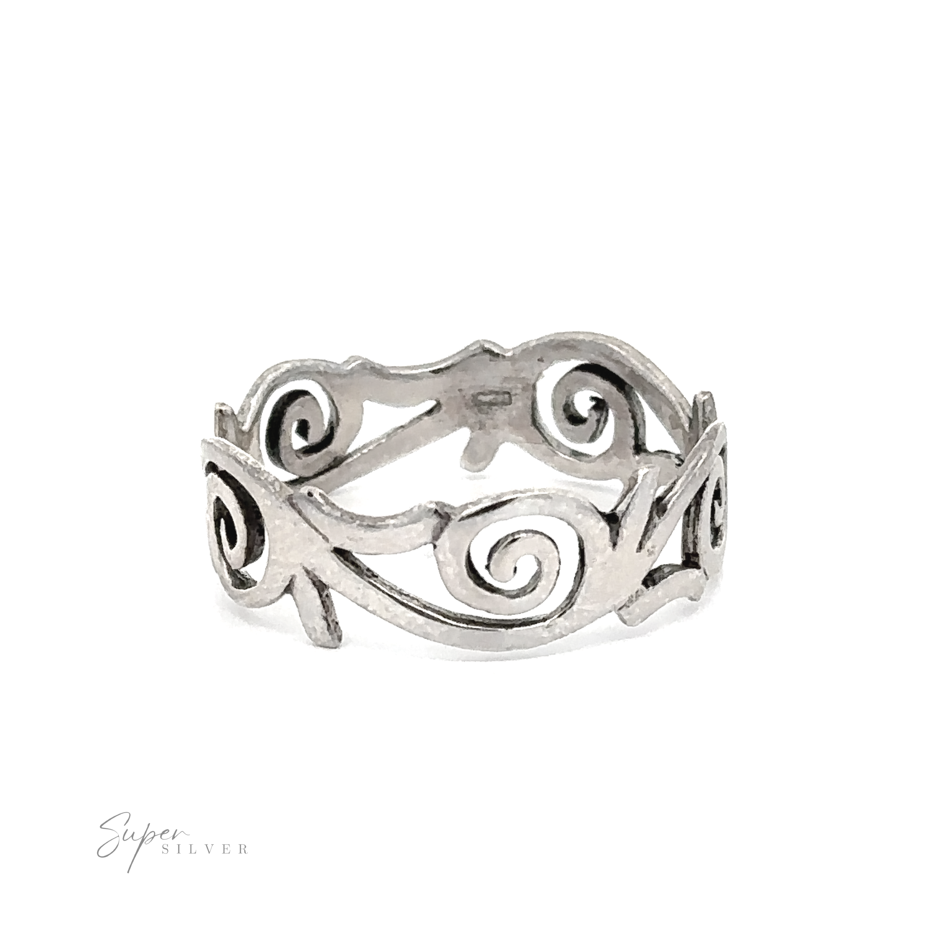 The Sterling Silver Spiral Swirl Band Ring showcases an intricate design with freestyle swirl patterns and cut-out details, elegantly set against a polished silver backdrop.