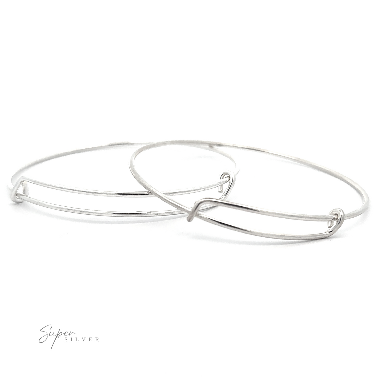 
                  
                    Two thin, sterling silver bangles are slightly overlapping on a white background. One bangle has a minimalist design with a subtle twist detail. The "Simple Adjustable Bangle Bracelet" logo is visible in the bottom left corner, enhancing the elegance of these exquisite pieces.
                  
                