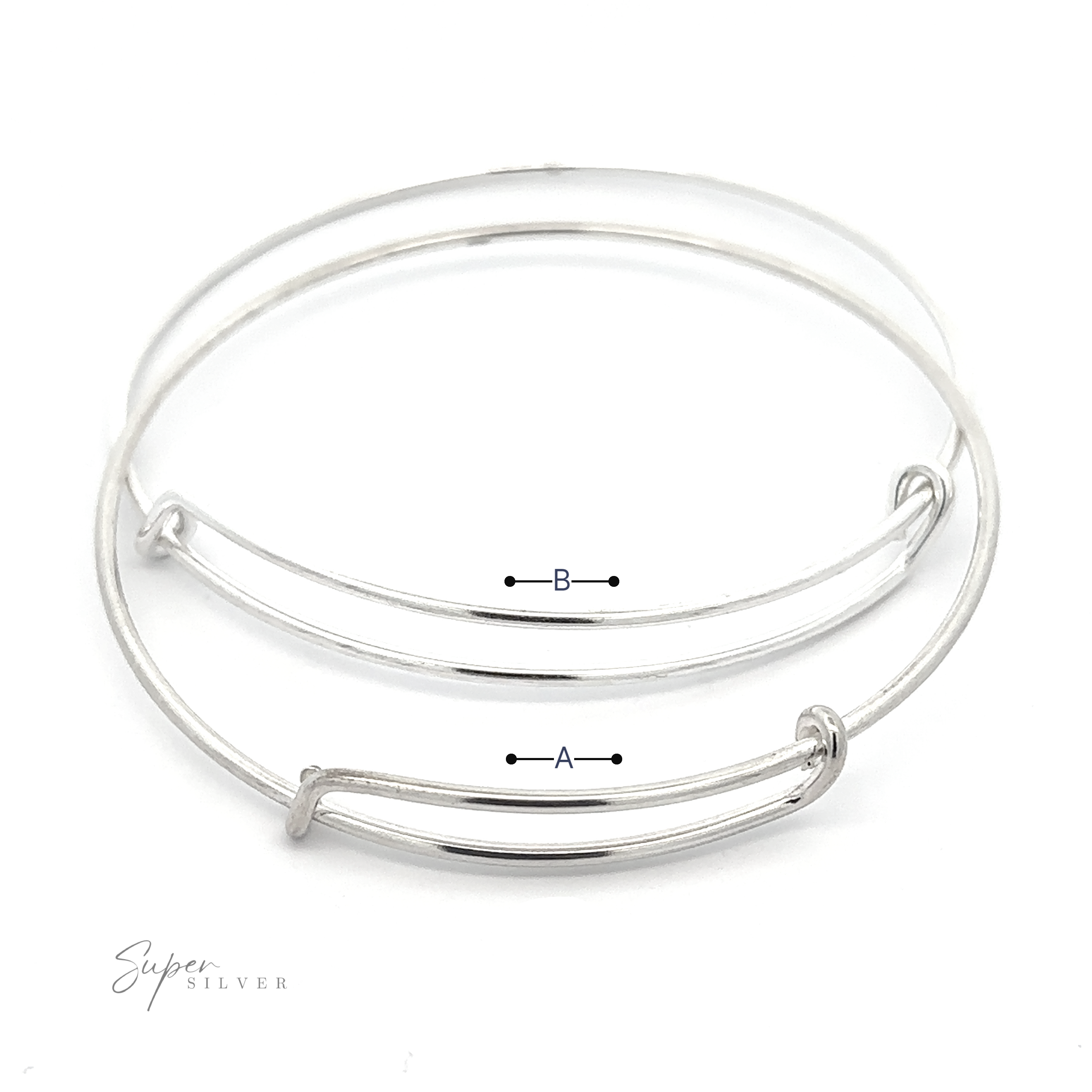 Two sterling silver bangles with minimalistic design, featuring a plain finish and slight curve. Text "Simple Adjustable Bangle Bracelet" is in the lower left corner. Black arrows labeled A and B indicate different measurements for this adjustable bracelet.