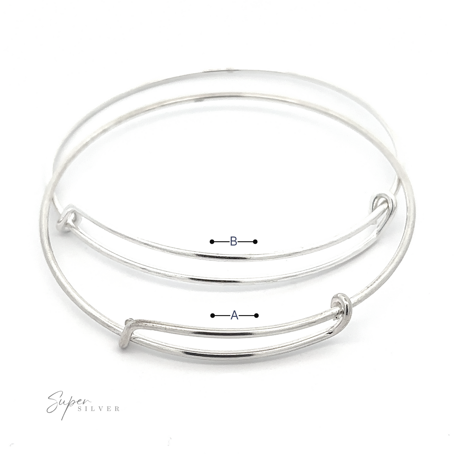 
                  
                    Two sterling silver bangles with minimalistic design, featuring a plain finish and slight curve. Text "Simple Adjustable Bangle Bracelet" is in the lower left corner. Black arrows labeled A and B indicate different measurements for this adjustable bracelet.
                  
                