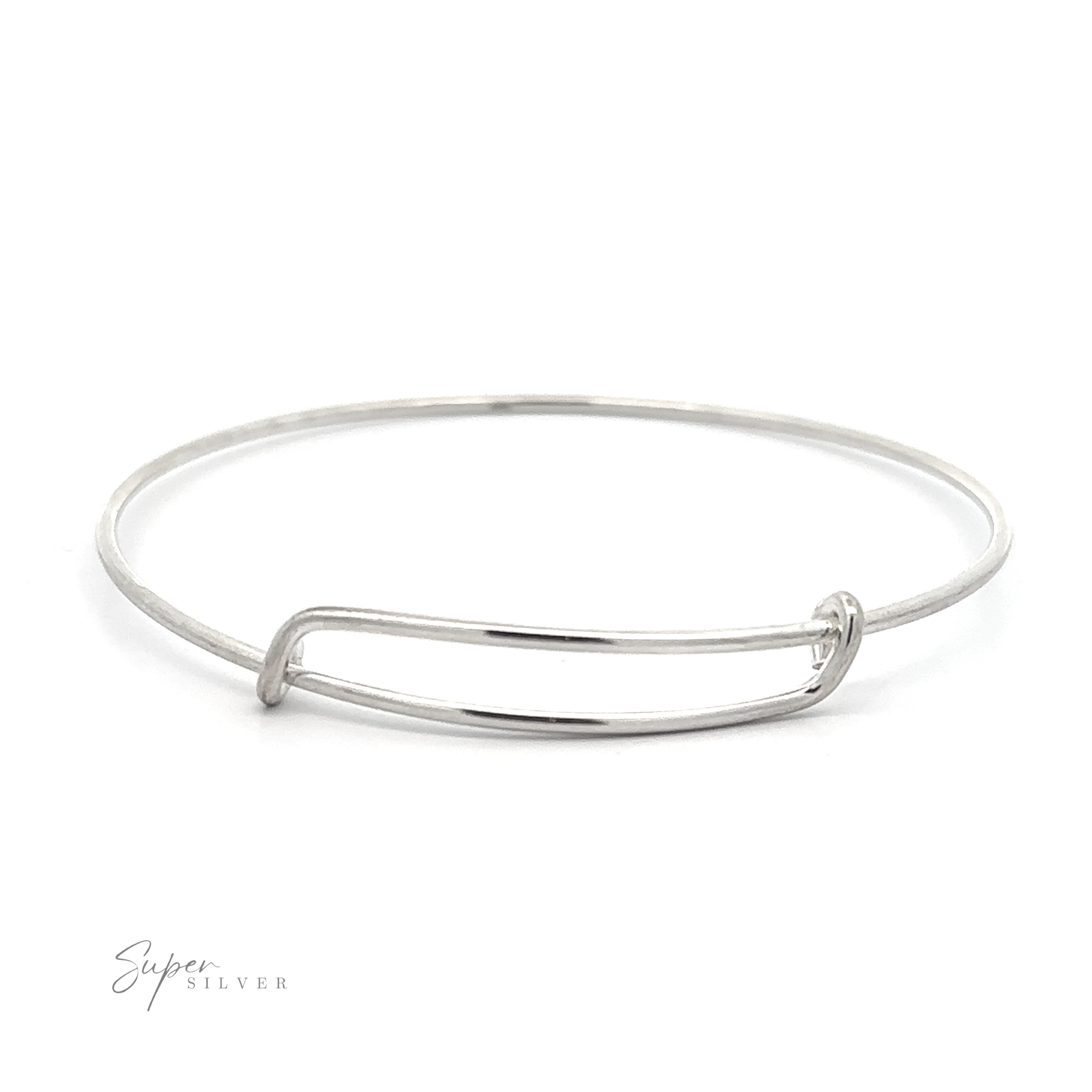 A minimalist Simple Adjustable Bangle Bracelet with a simple, sleek design and a small, rectangular detail. The word "Super Silver" is visible in the corner.
