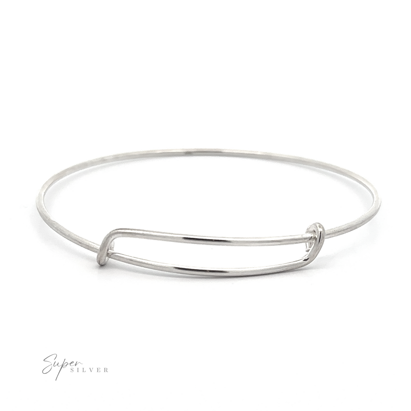 
                  
                    A minimalist Simple Adjustable Bangle Bracelet with a simple, sleek design and a small, rectangular detail. The word "Super Silver" is visible in the corner.
                  
                