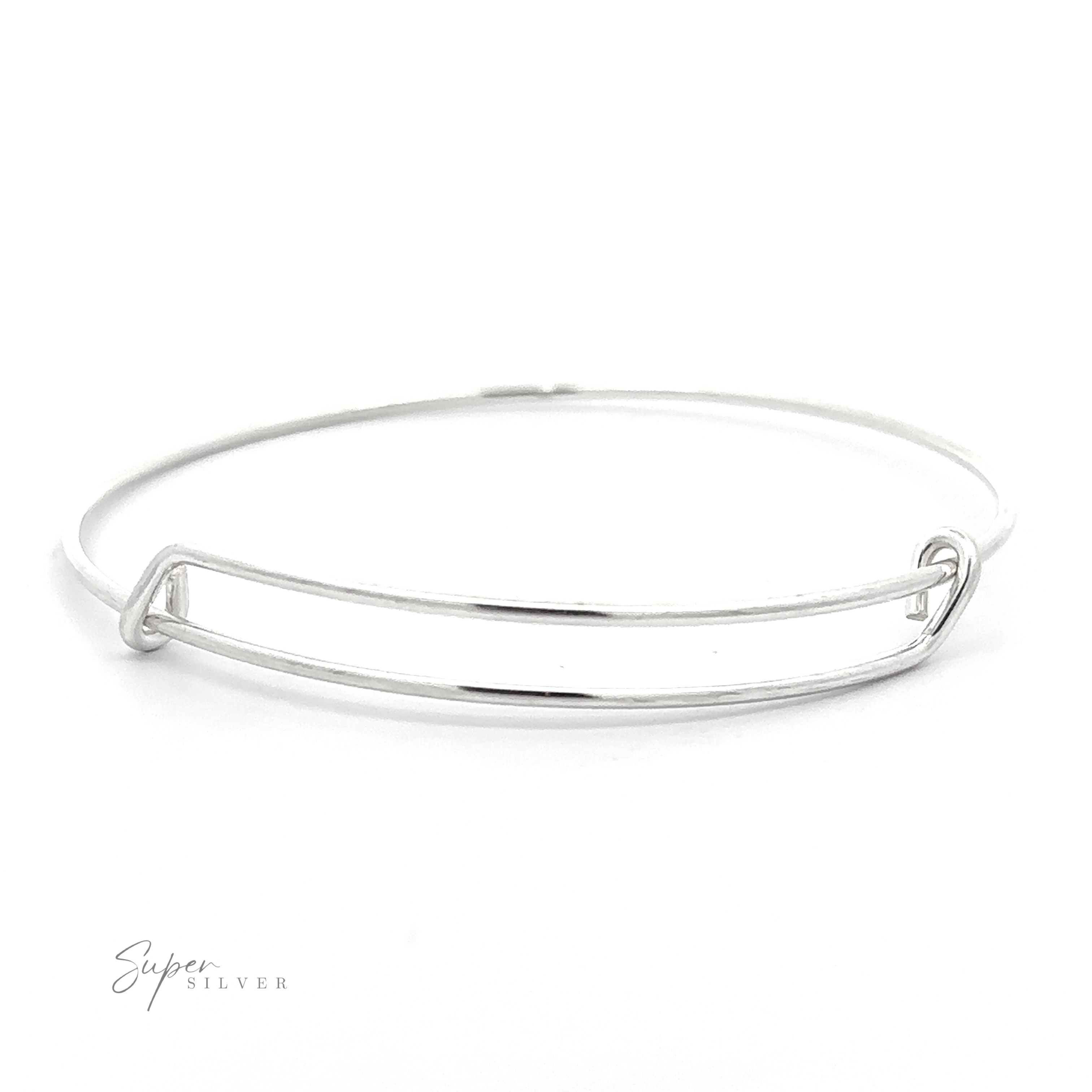 A minimalist Simple Adjustable Bangle Bracelet featuring a sleek wire design and a small logo "Super Silver" in the bottom left corner.