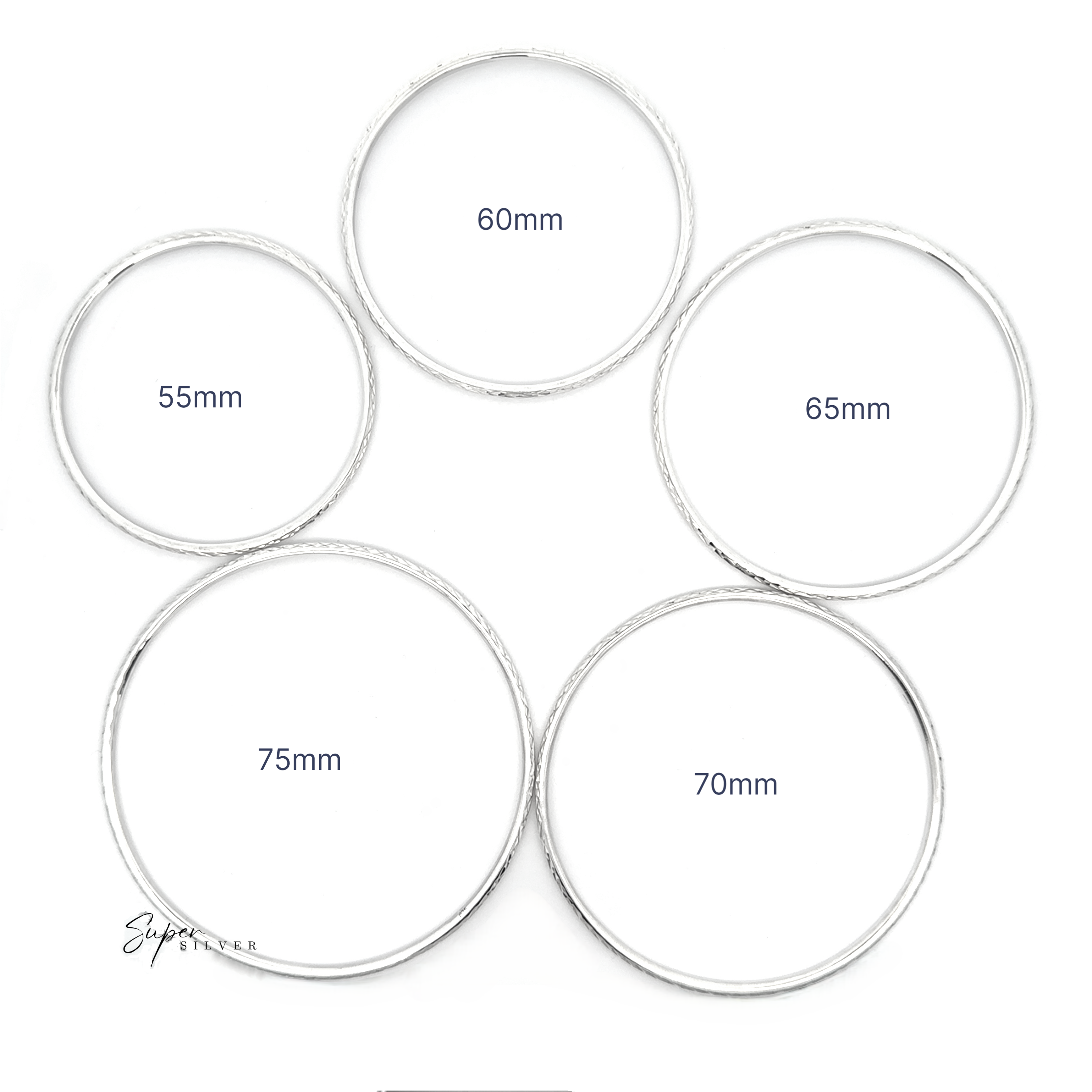 The Spark Stack Bangles: five sterling silver bangles in a circular display, each labeled with its diameter—55mm, 60mm, 65mm, 70mm, and 75mm—an elegant jewelry set perfect for any occasion.