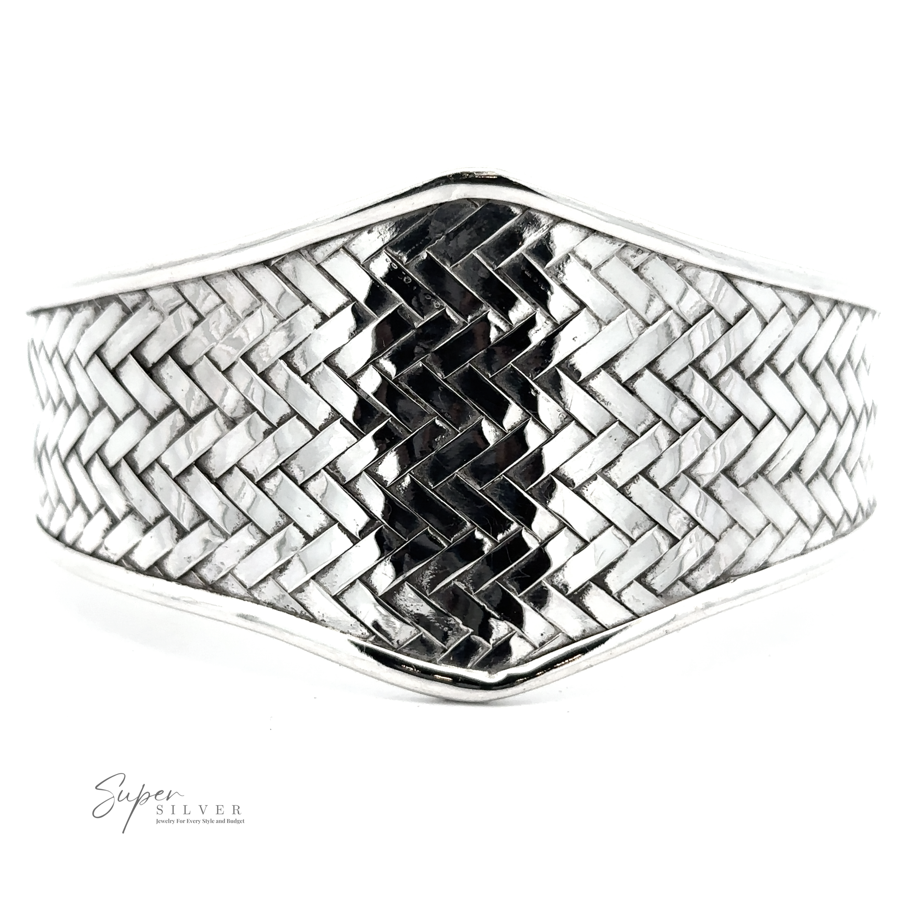 Close-up of a sterling silver braided bracelet with a basket weave pattern and the text "Wide Diamond Shaped Basket Weave Cuff Bracelet" in the bottom left corner.