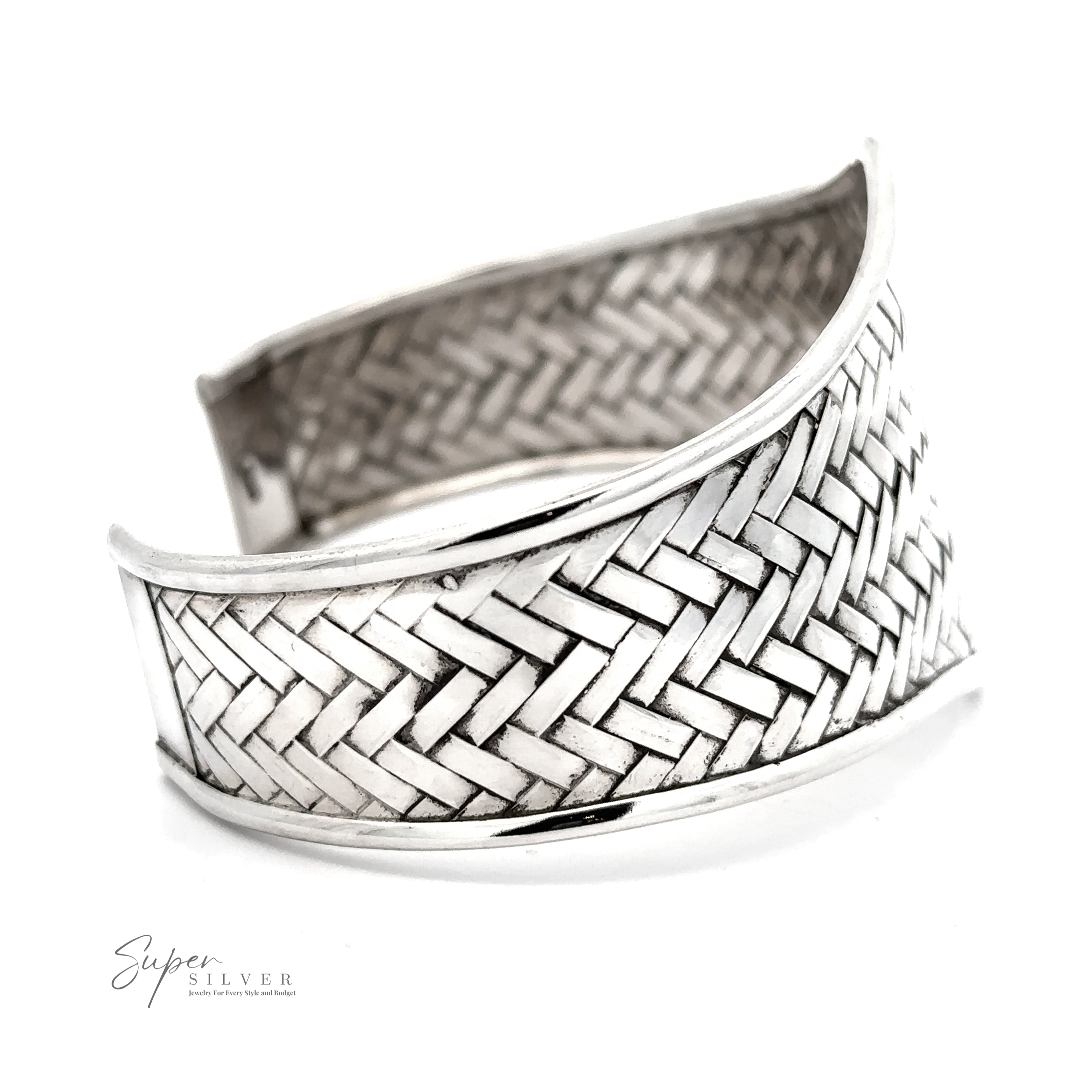 A Wide Diamond Shaped Basket Weave Cuff Bracelet with a basket weave pattern design. The brand name "Super Silver" is visible in the bottom left corner.