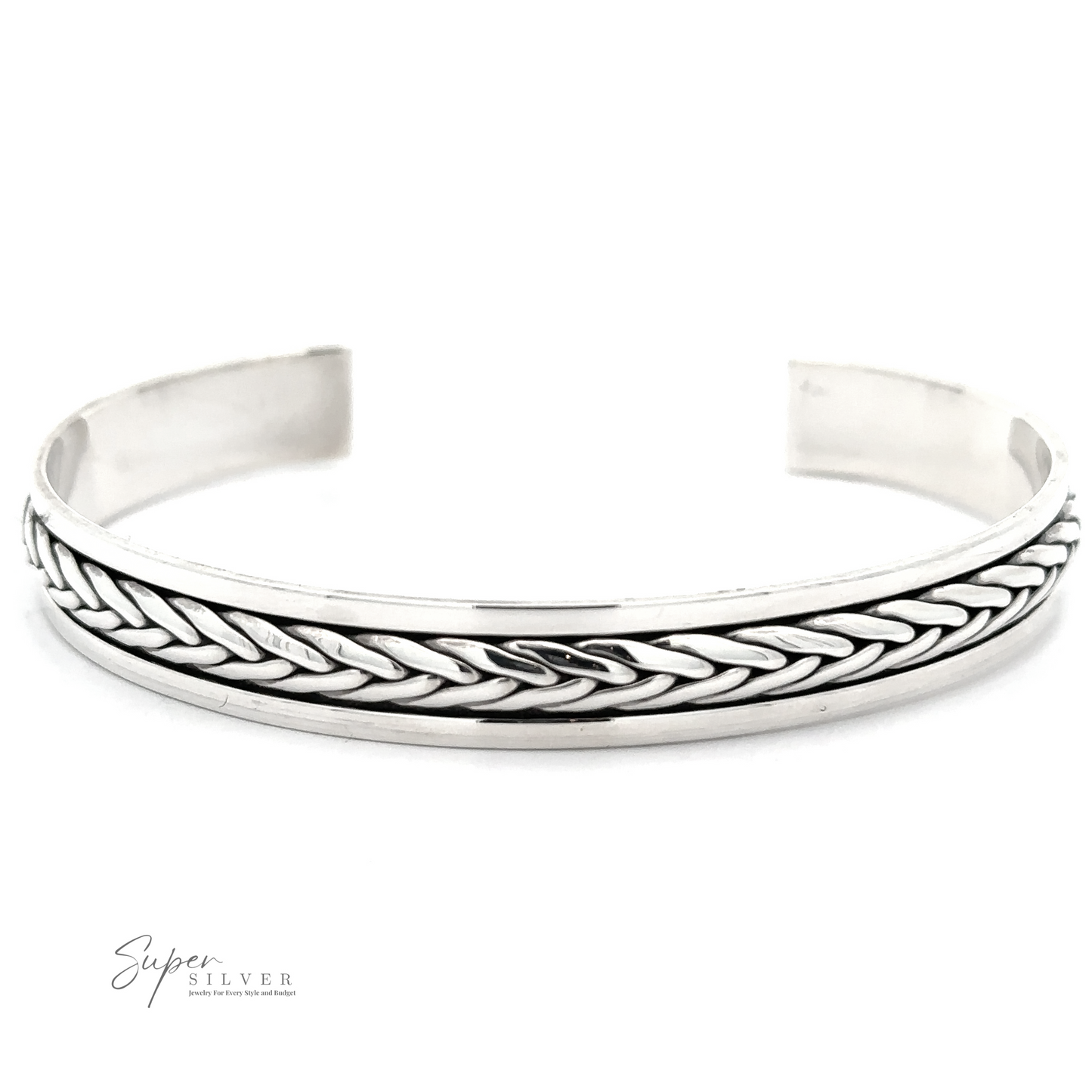 A sterling silver bracelet, the Braided Cuff Bracelet boasts a polished finish and intricate woven detailing. Perfect as a stacking bracelet or worn alone for a touch of elegance.