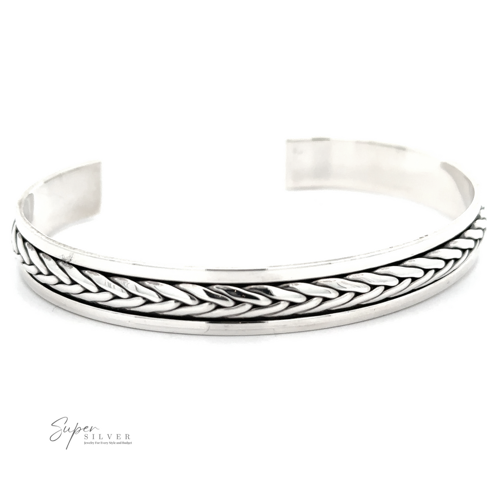 A Braided Cuff Bracelet with a braided design in the center, featuring the brand name 