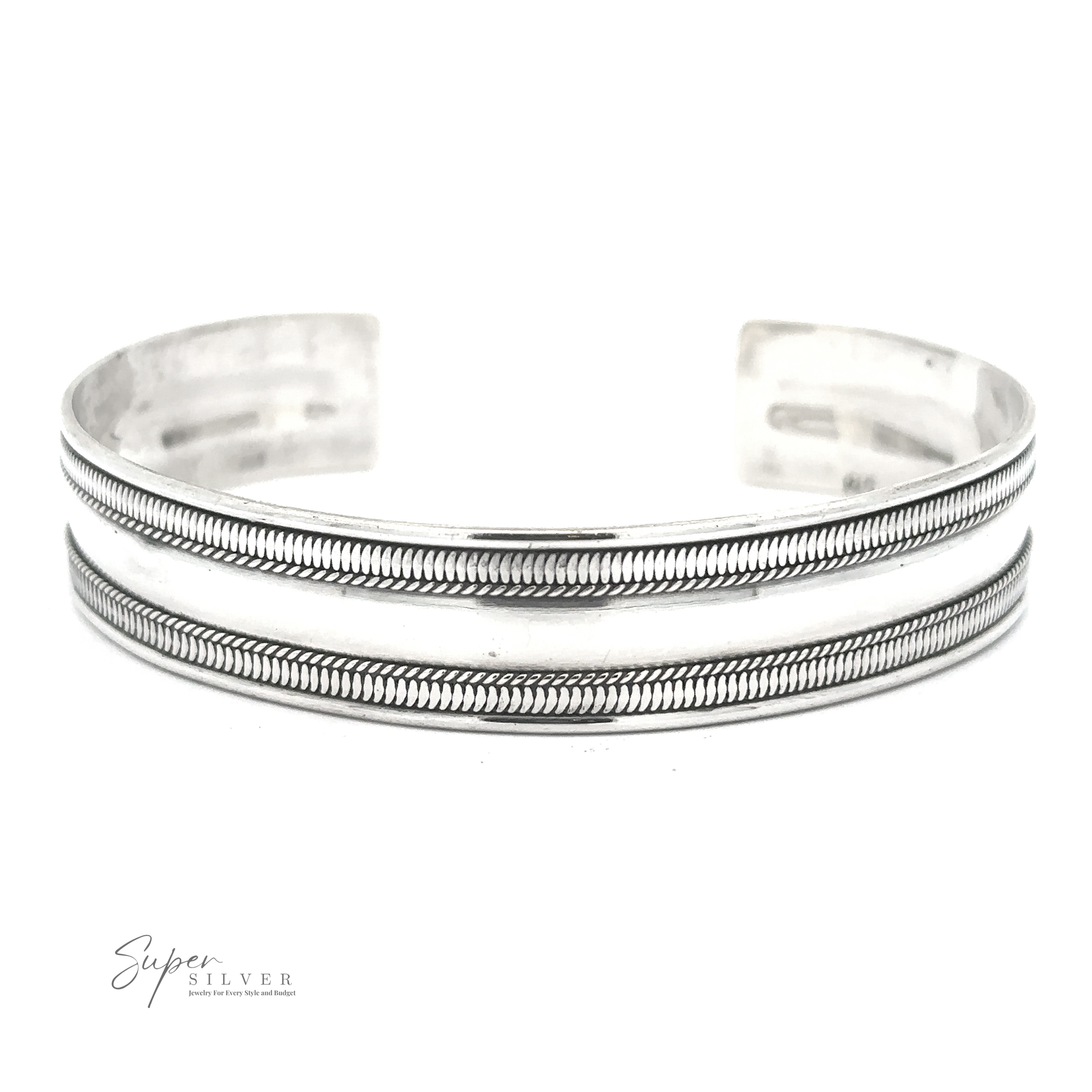 A Silver Cuff Bracelet featuring two engraved parallel bands. The inscription "Super Silver" is visible in the corner. This adjustable size accessory ensures the perfect fit for any wrist.