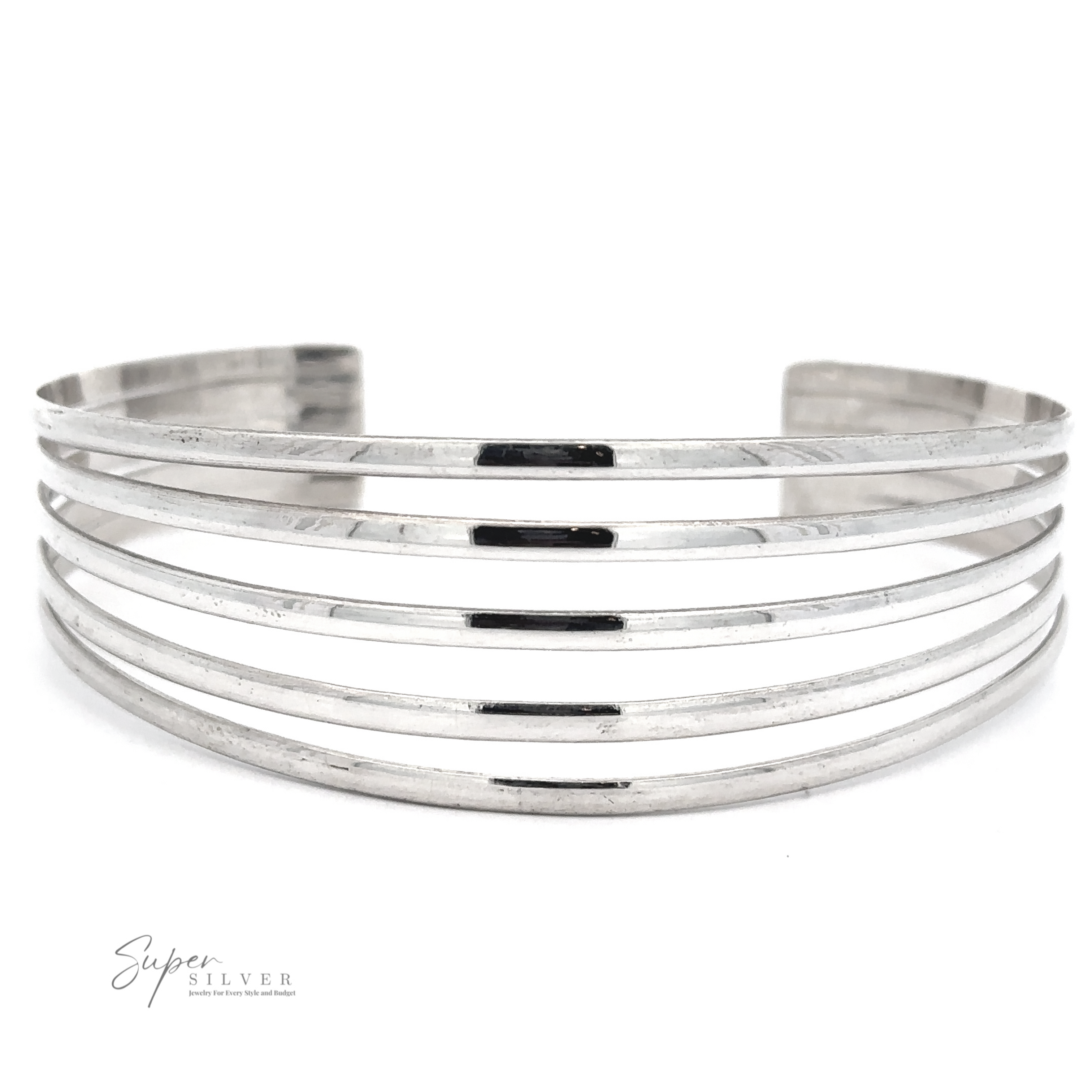 A Simple Cuff with Open Design made of .925 Sterling Silver featuring five parallel bars and an open back. The logo "Super Silver" is elegantly displayed in the bottom left corner, giving it a modern chic touch.