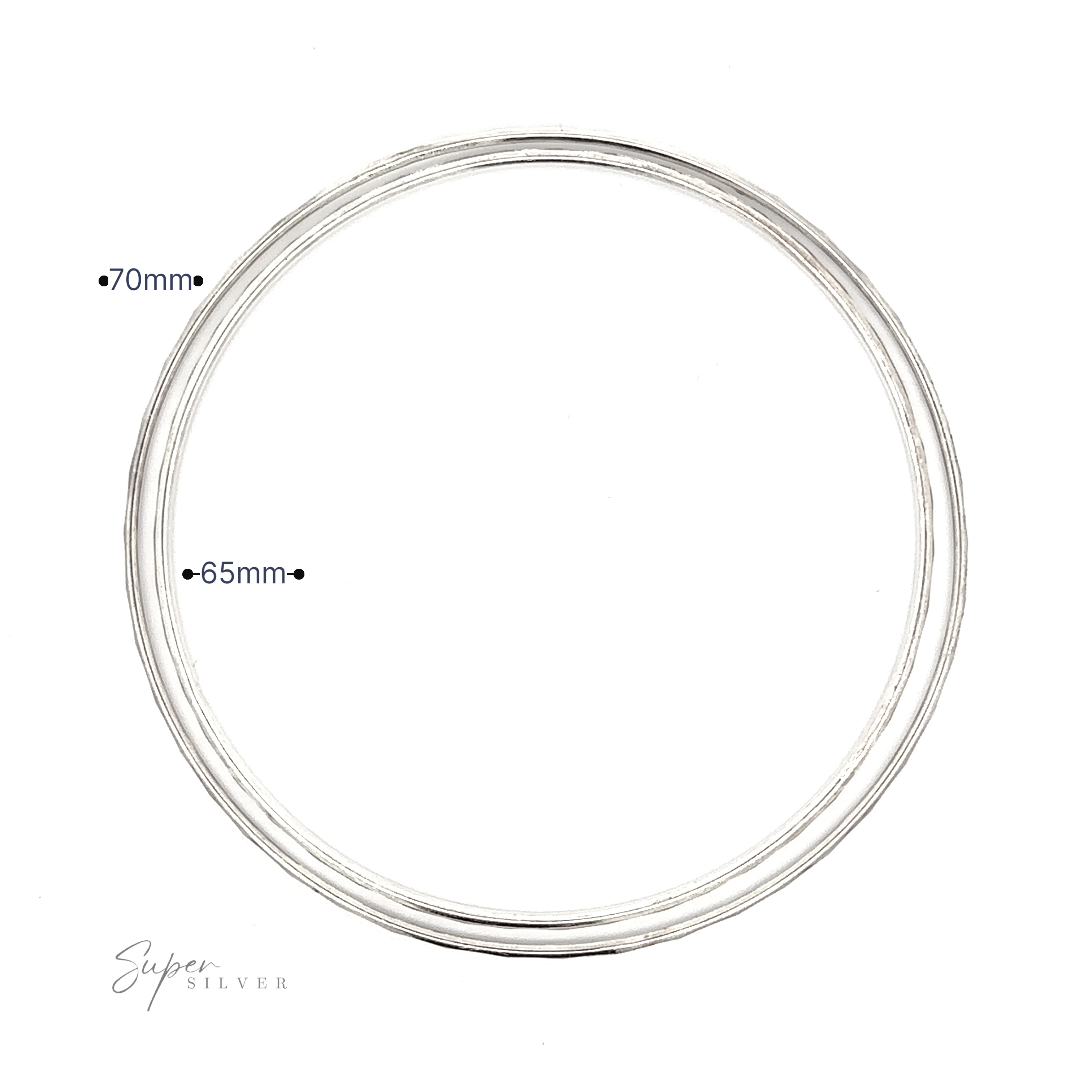 A dainty Faceted Silver Bangle Bracelet, elegantly enhanced with a faceted cut design. Measurements noted: 70mm and 65mm.