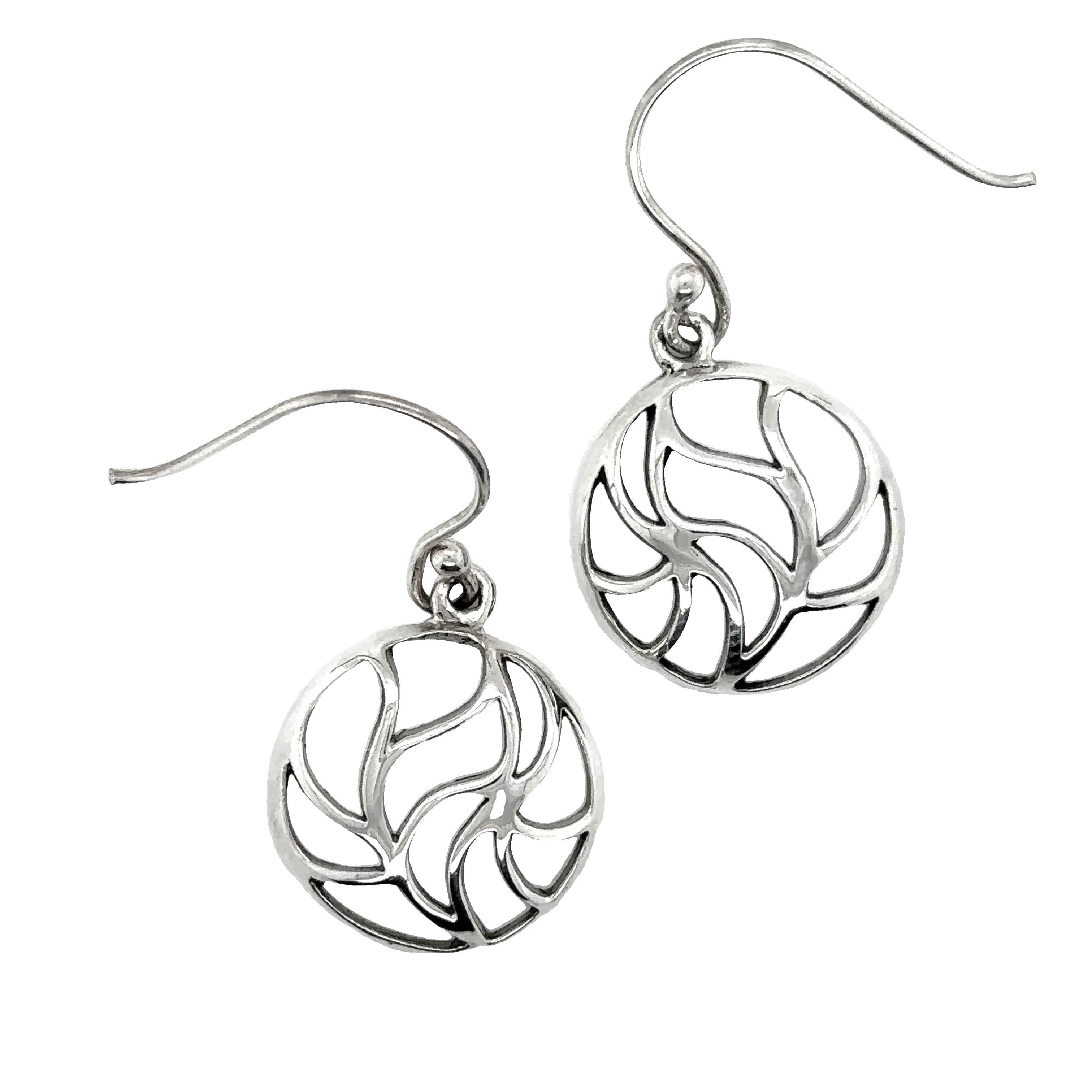 A pair of Super Silver Circle Earrings with Leaf Cutouts.