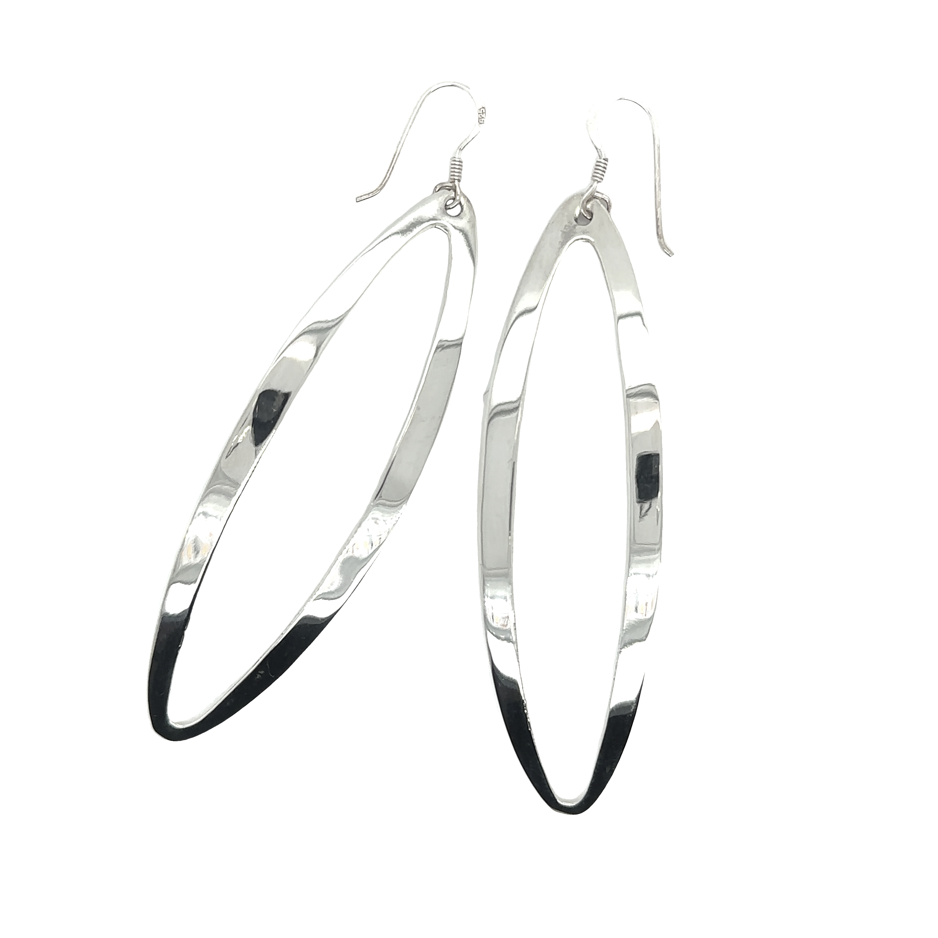 A pair of Large Elliptical Dangle Earrings by Super Silver on a white background.