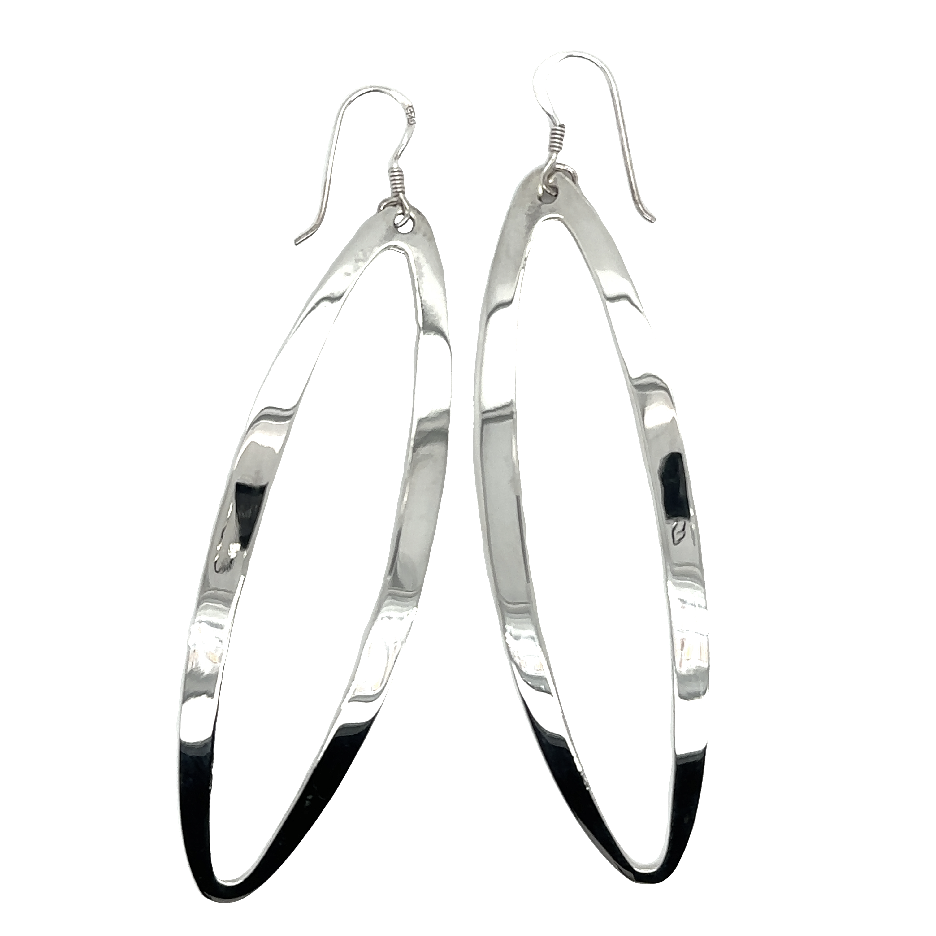 A pair of Large Elliptical Dangle Earrings by Super Silver on a white background.