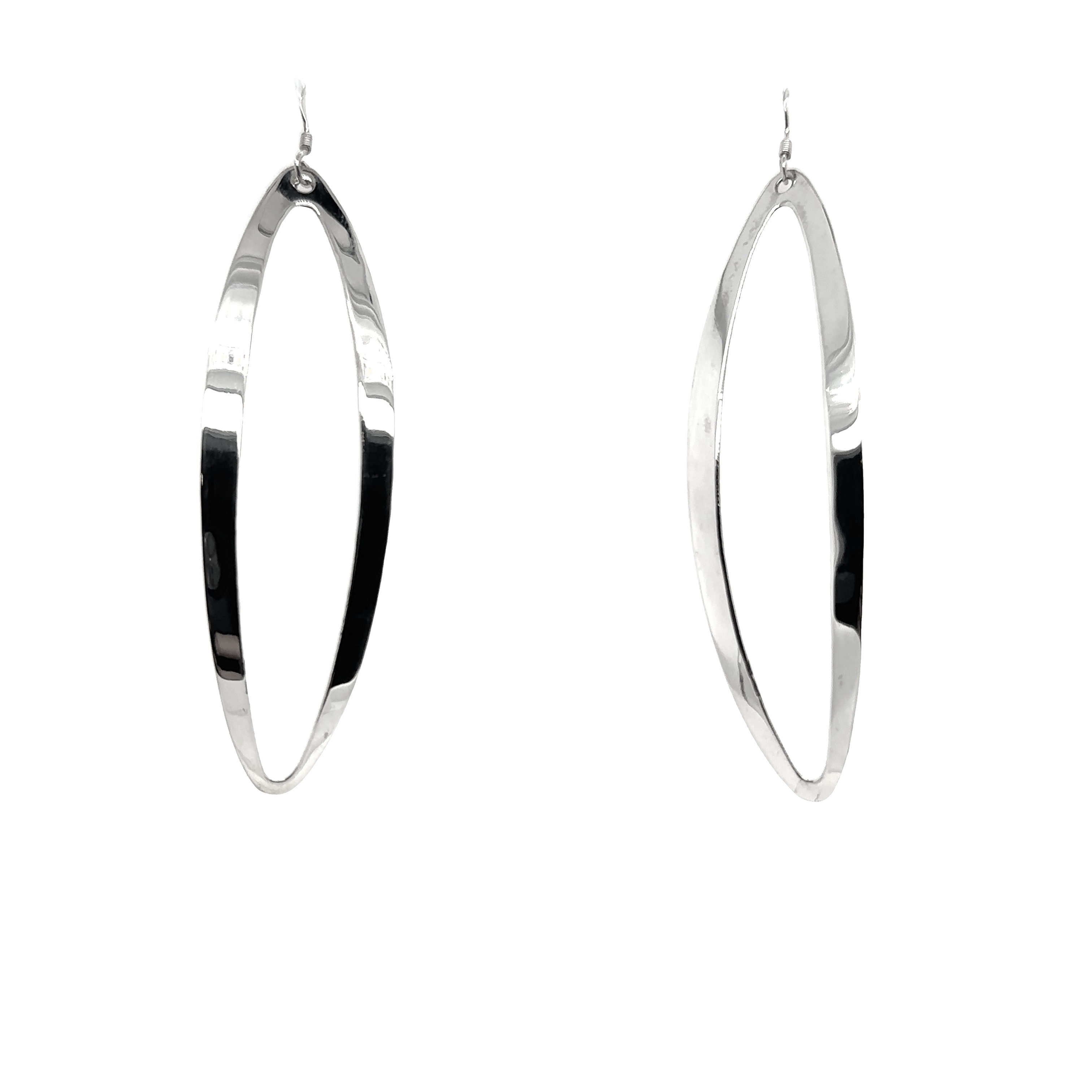 A large pair of Super Silver elliptical dangle earrings on a white background.