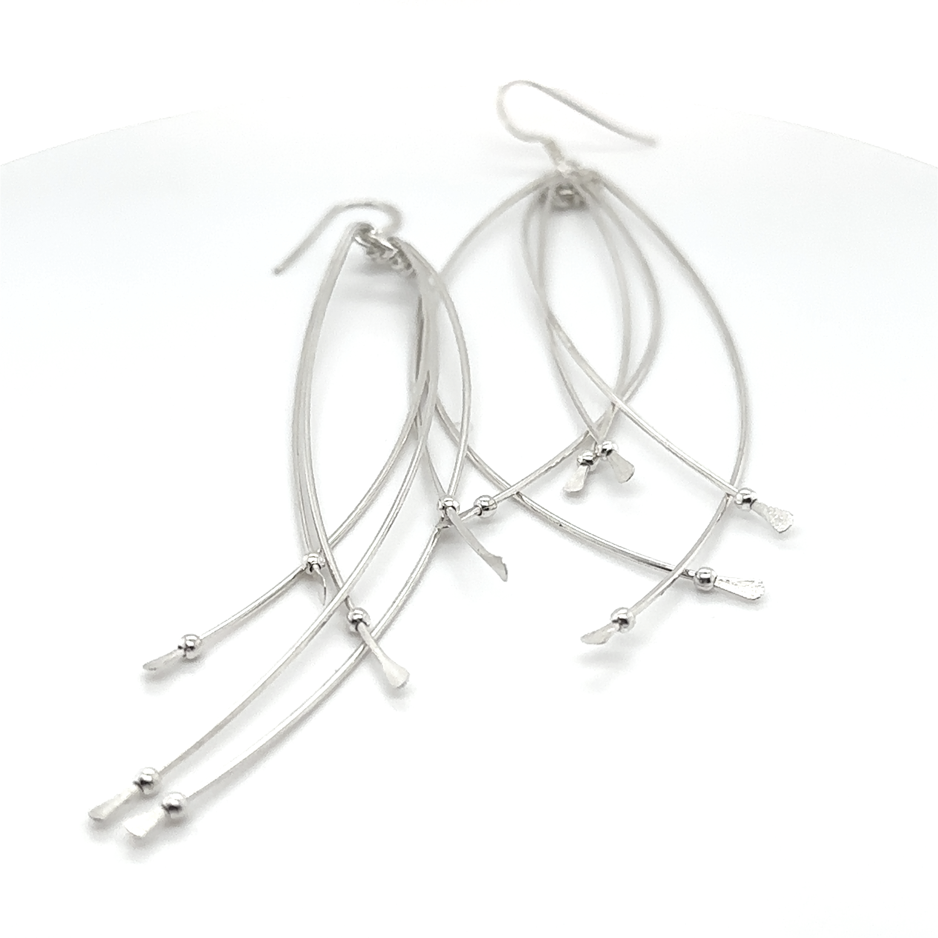 A pair of Super Silver .925 Sterling Silver wire chandelier earrings with an approximate length, displayed on a white surface.