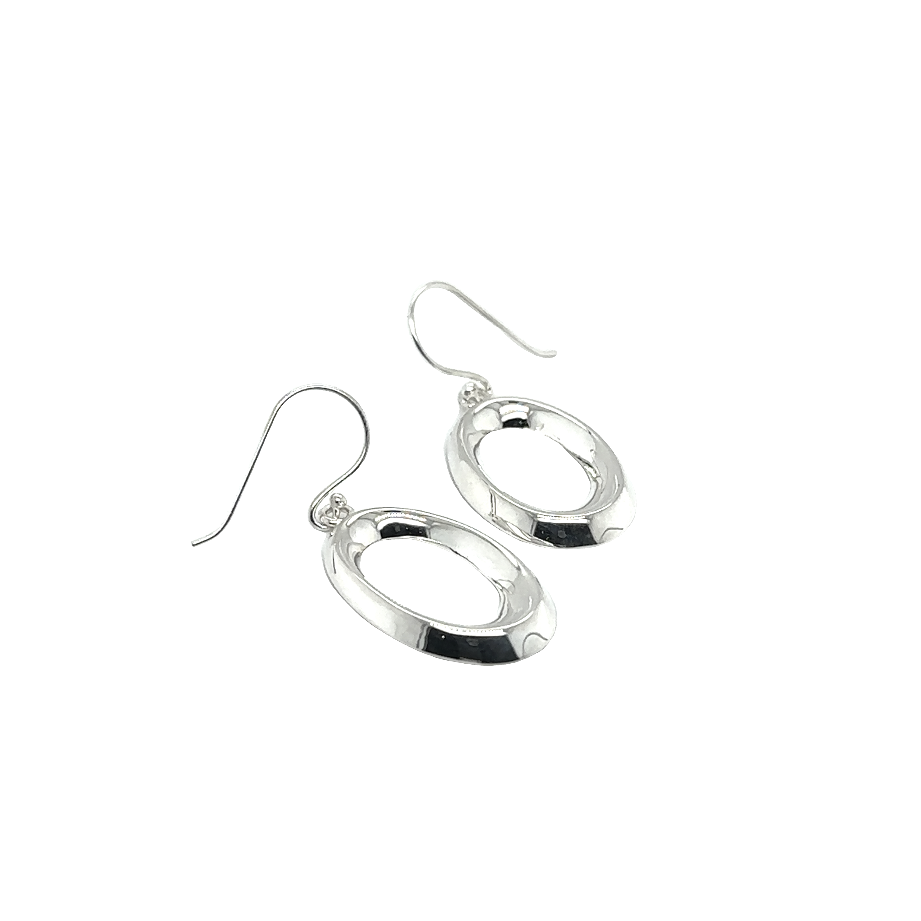 A pair of Super Silver Open Teardrop Earrings with an oval shape and French hooks.