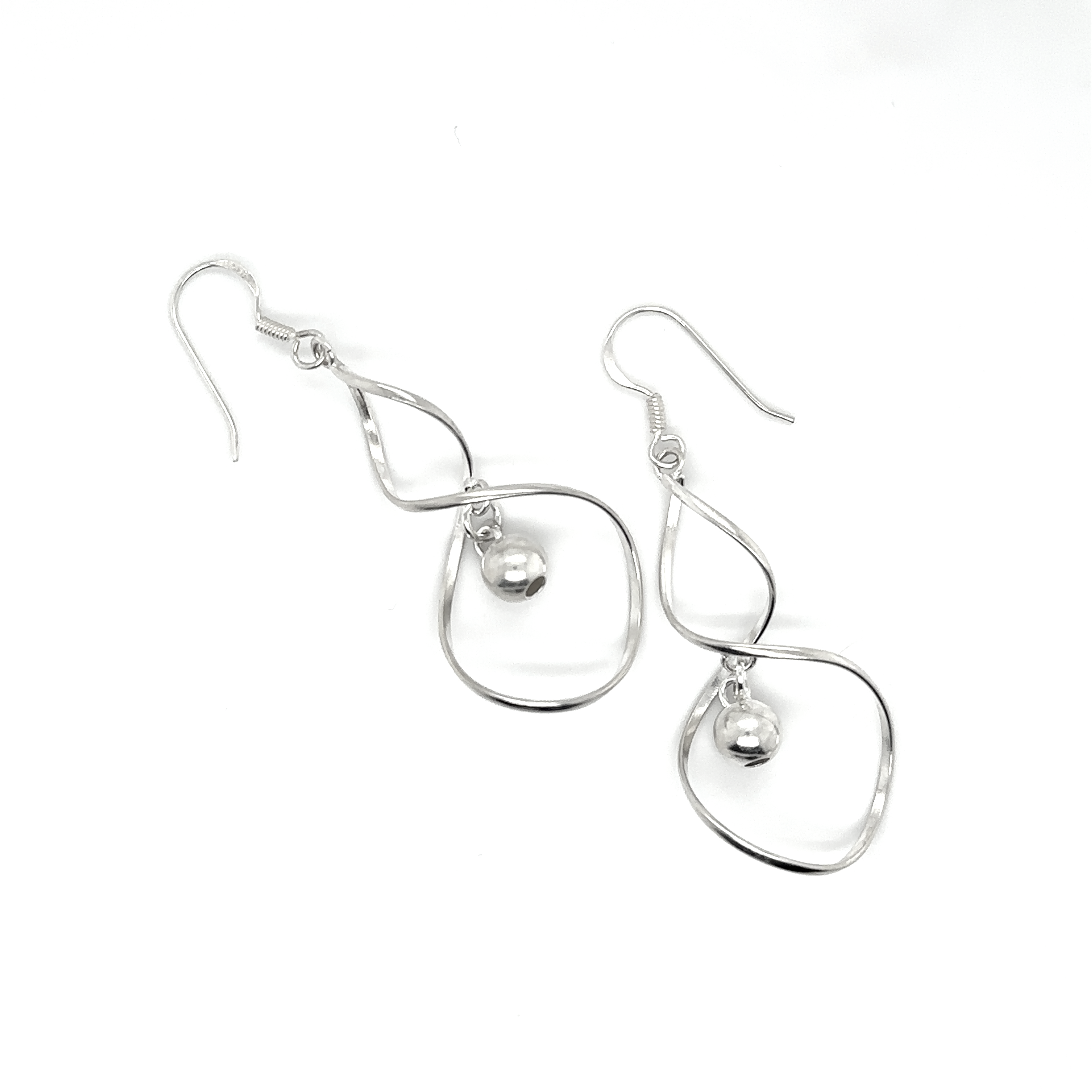 A pair of Super Silver Freeform Wavy Silver Earrings with Balls, with a contemporary design and modern charm, featuring elegant pearls.