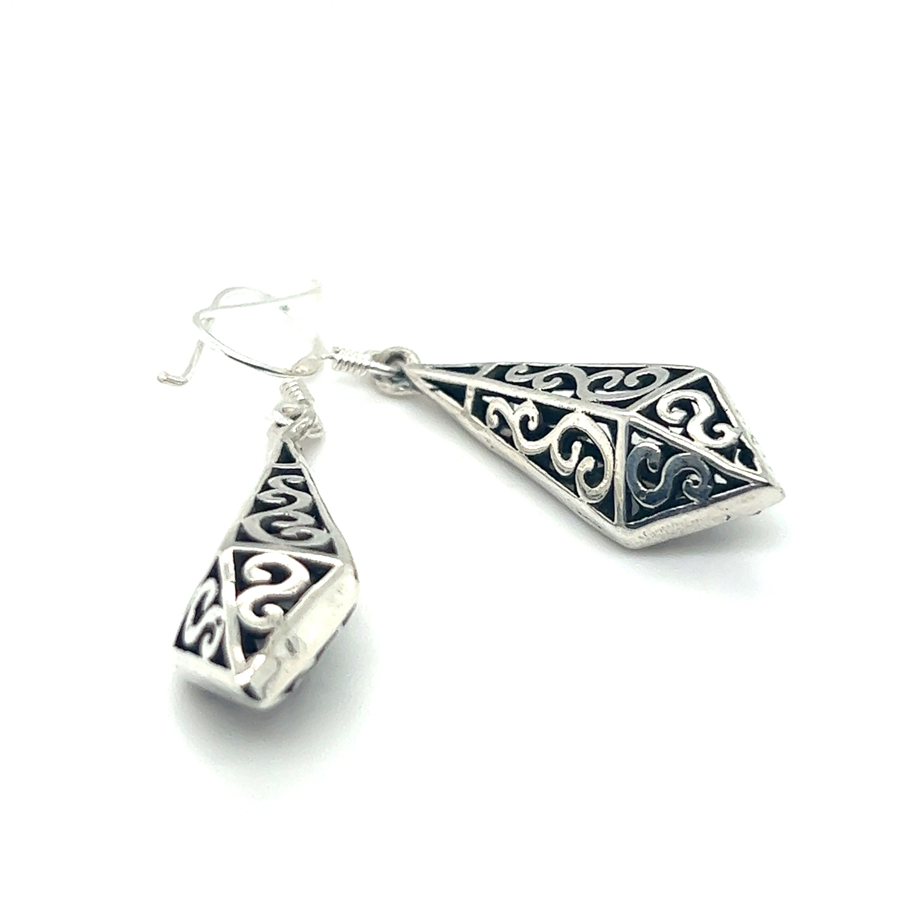 A pair of Super Silver 8-Sided Upside Down Diamond Filigree Earrings with intricate filigree designs.