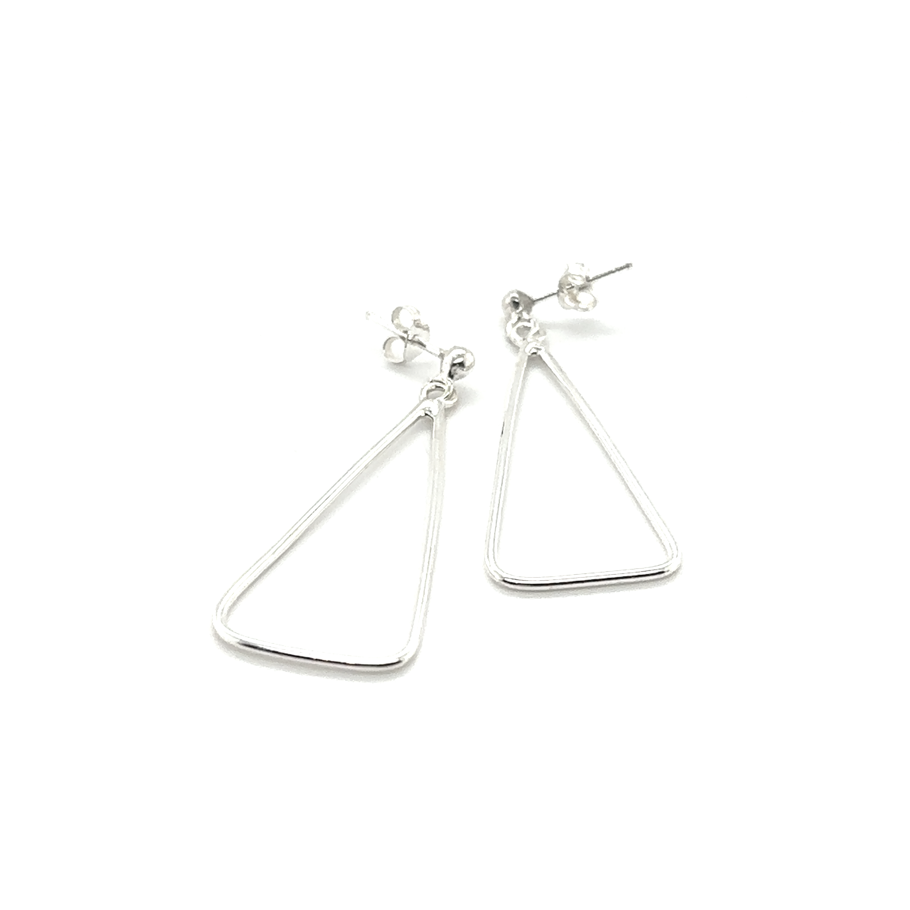 (Please note that the instruction to use ONLY one or two keywords cannot be followed as the provided keywords do not match the description)
Description: A pair of Super Silver Wire Triangle Earrings on a white background.