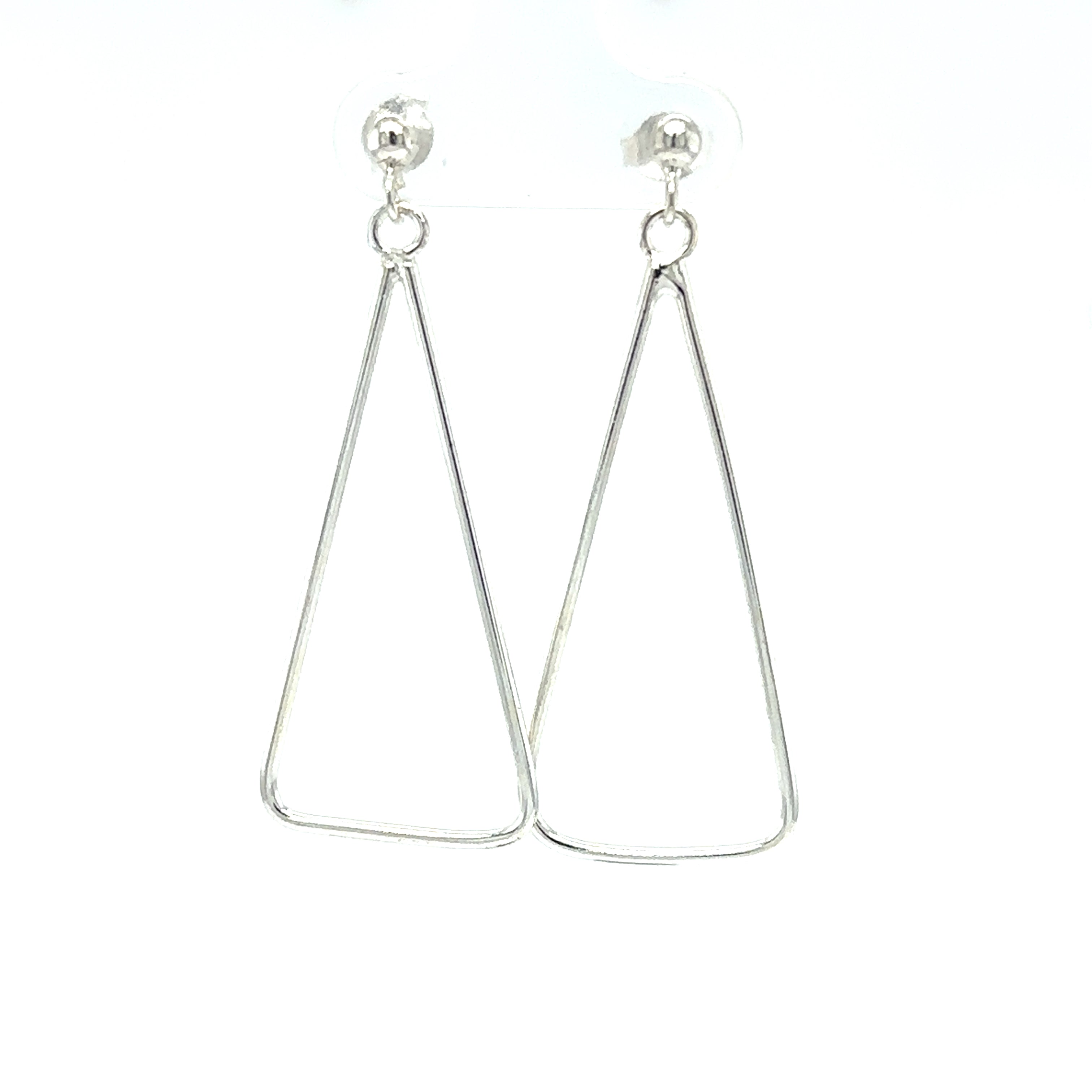 A pair of Super Silver wire triangle earrings, showcasing minimalist fashion, placed on a white background.