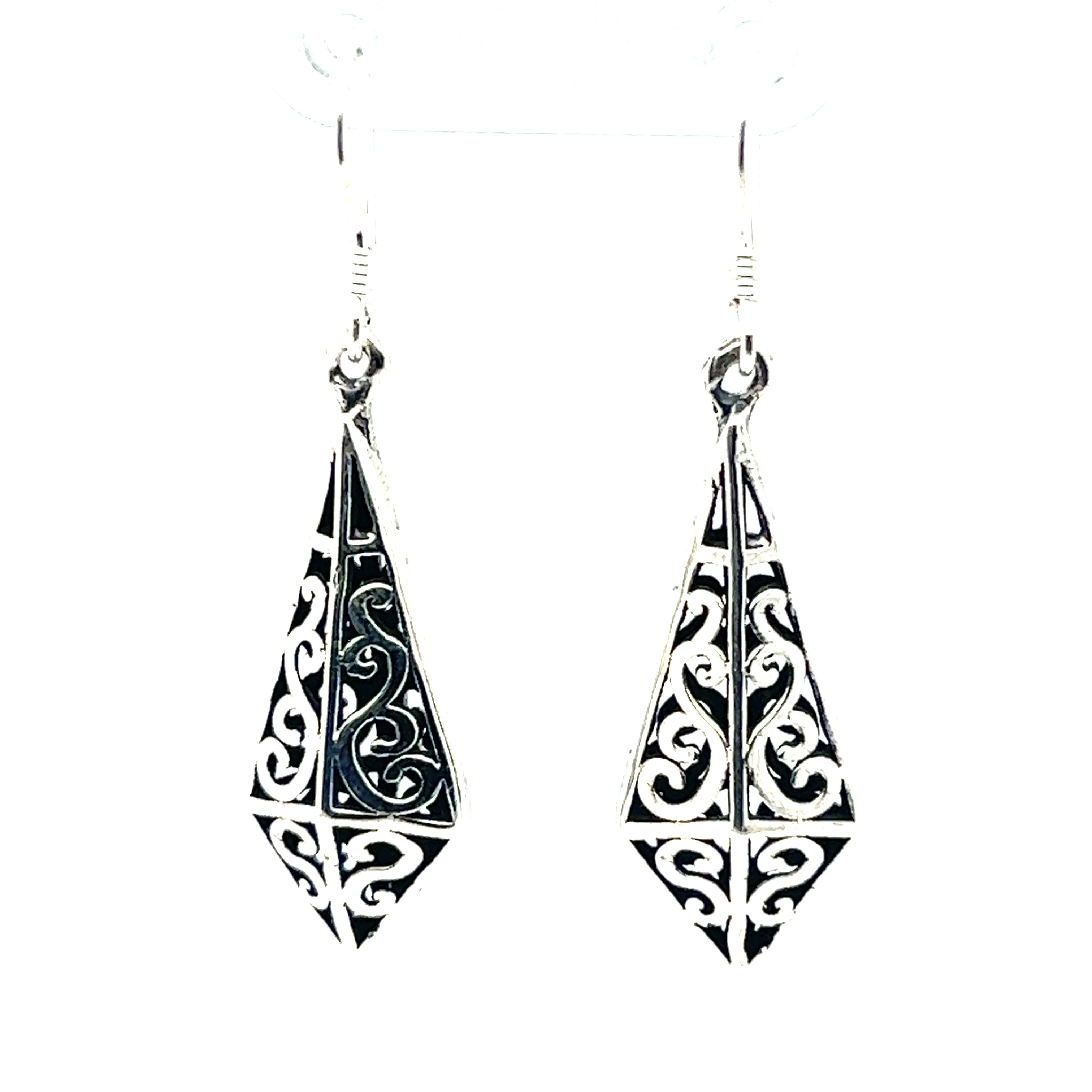 A pair of Super Silver 8-Sided Upside Down Diamond Filigree earrings with intricate filigree designs.