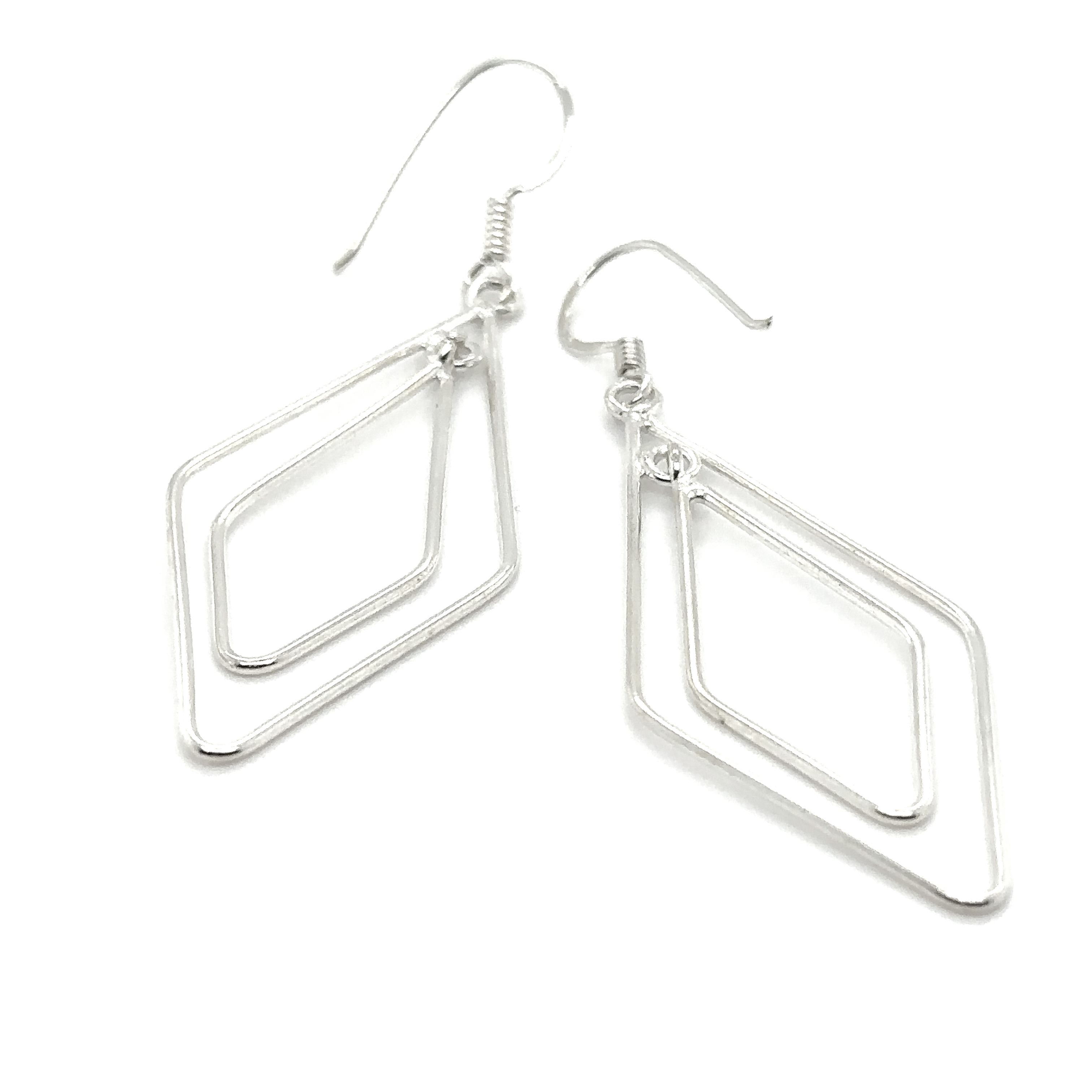 A pair of Super Silver diamond shaped earrings with geometric shapes.