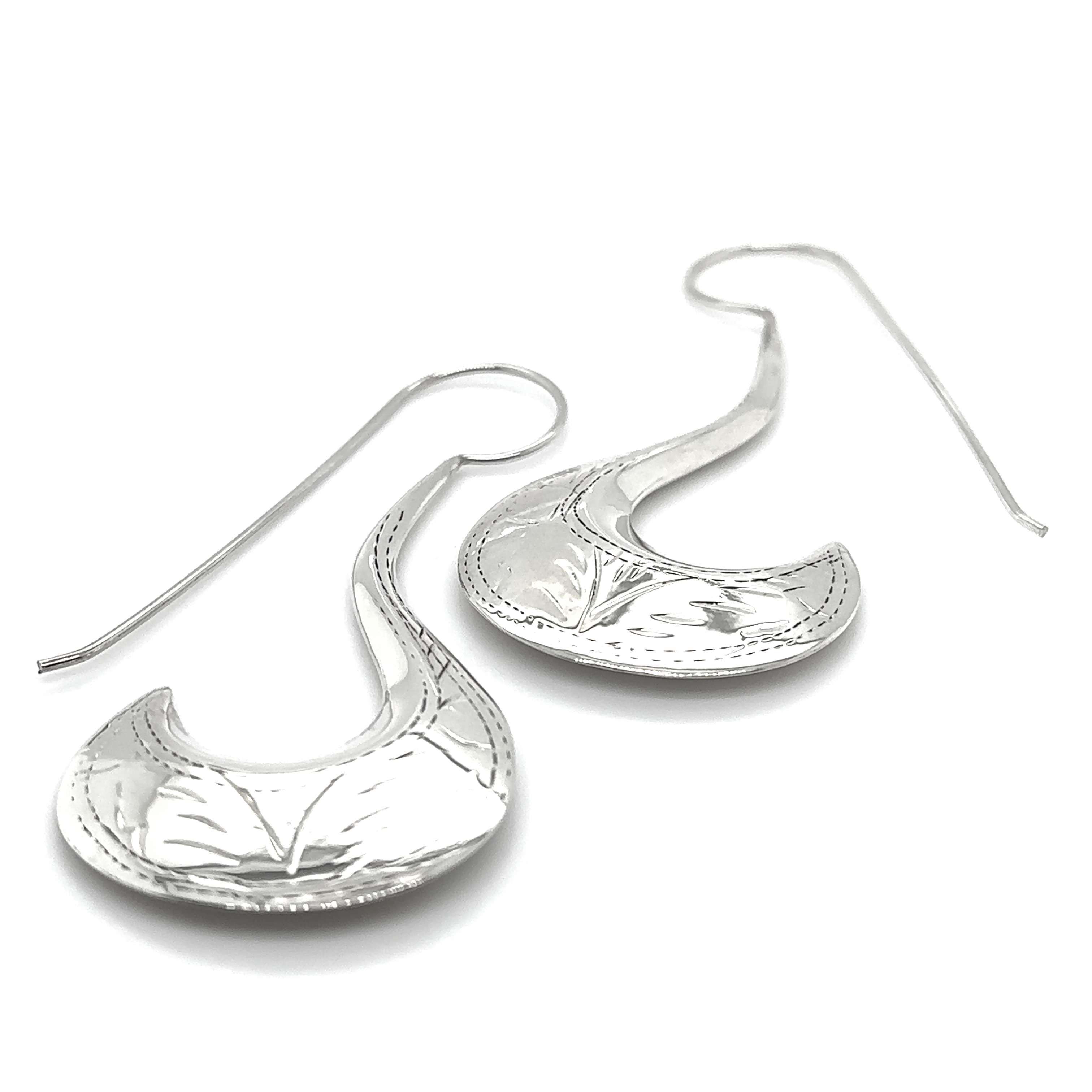 A pair of Super Silver Etched Victorian Style Curved Earrings.