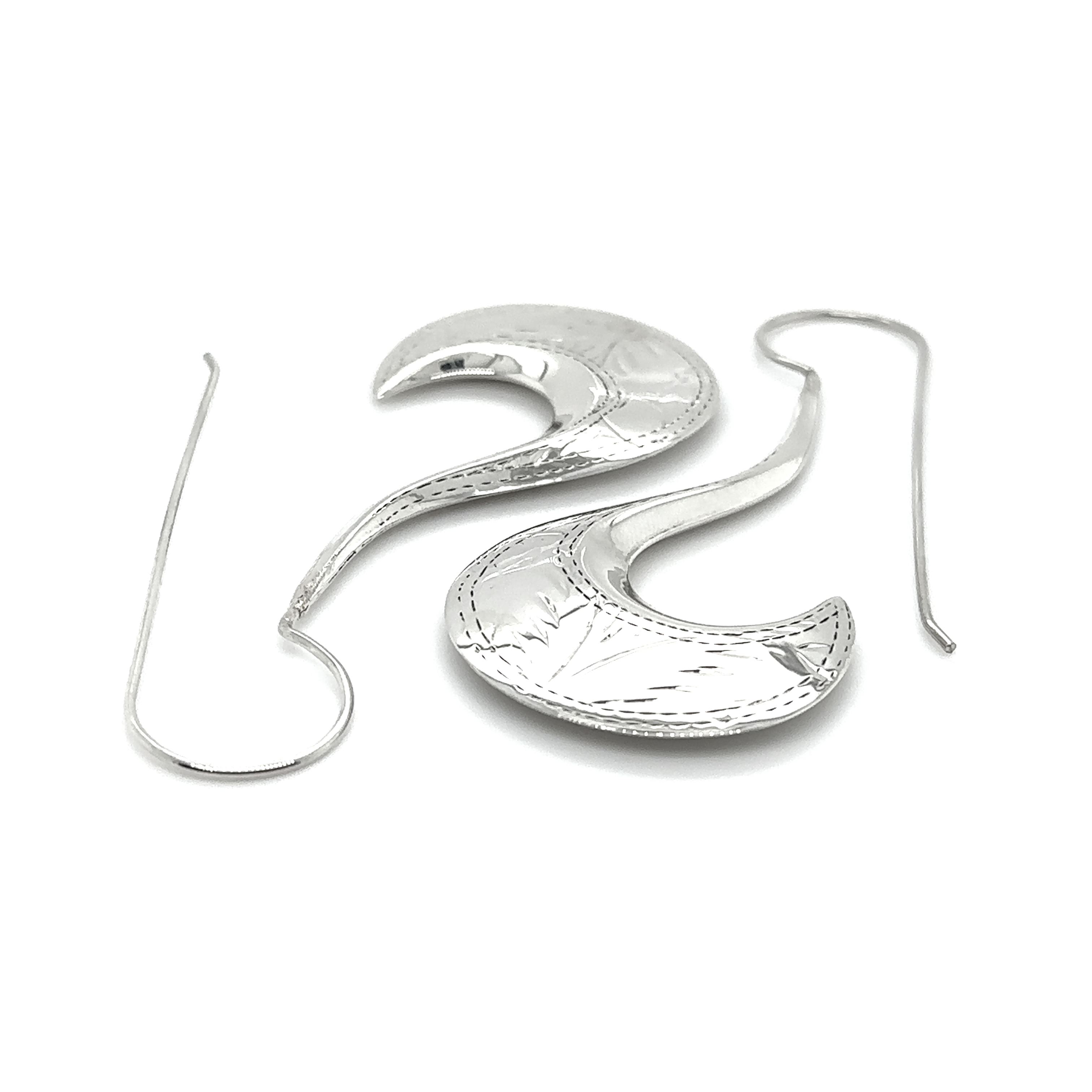 A pair of Super Silver Etched Victorian Style Curved Earrings with a curved shape, featuring freestyle etching.